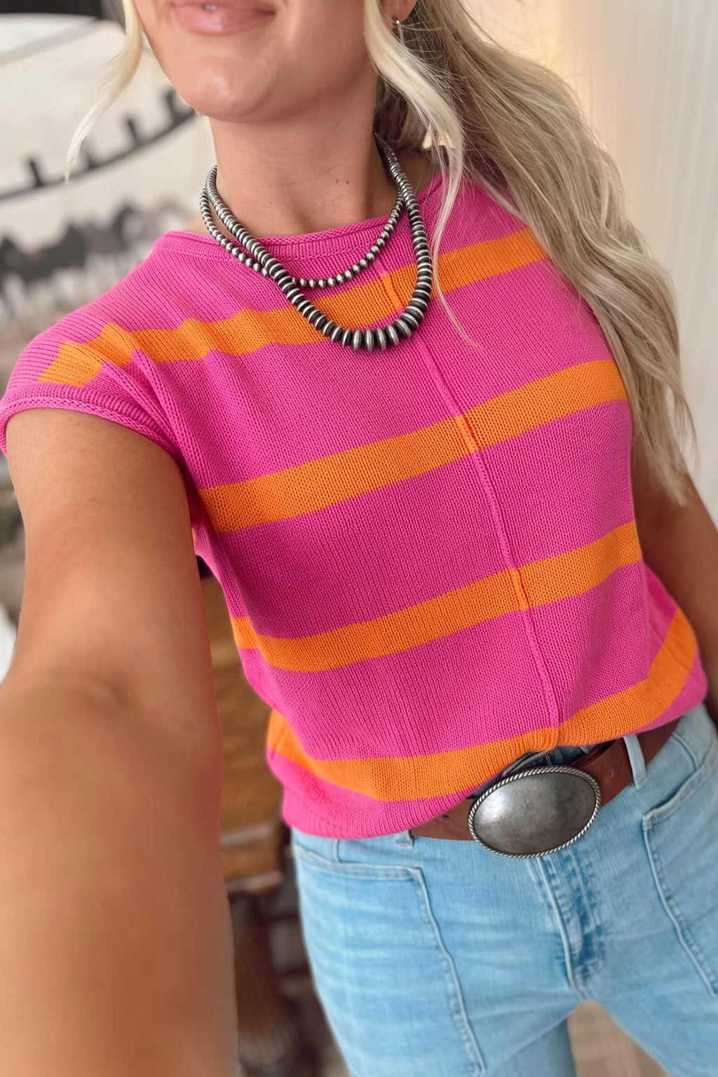 Brown Stripe Knit Western Short Sleeve Sweater