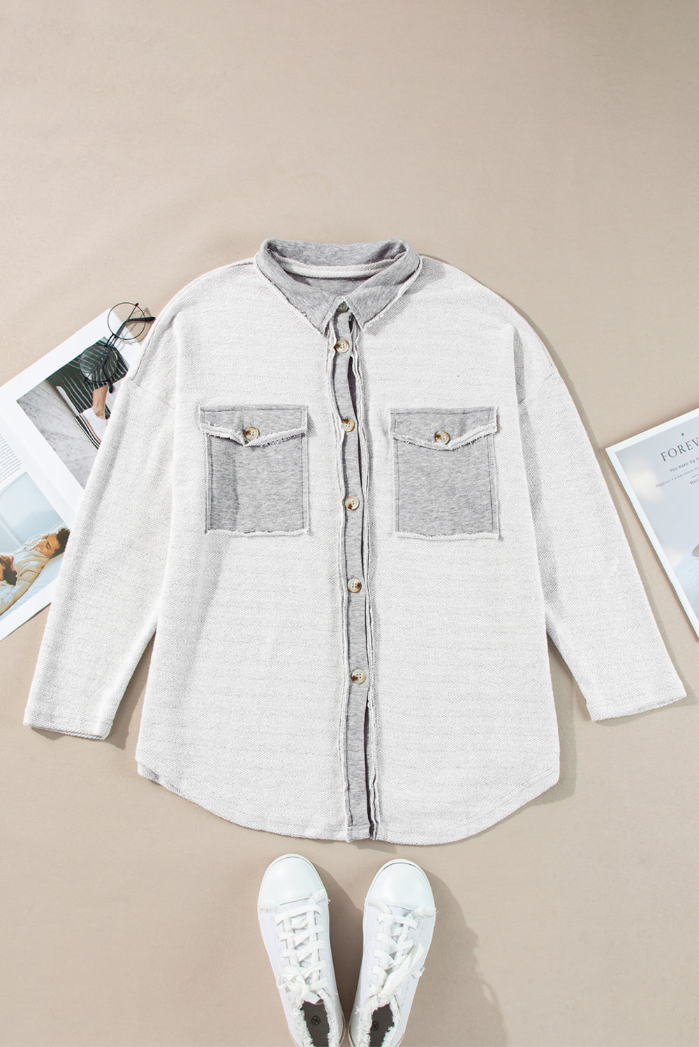 Brown Contrast Flap Pockets Relaxed Shacket