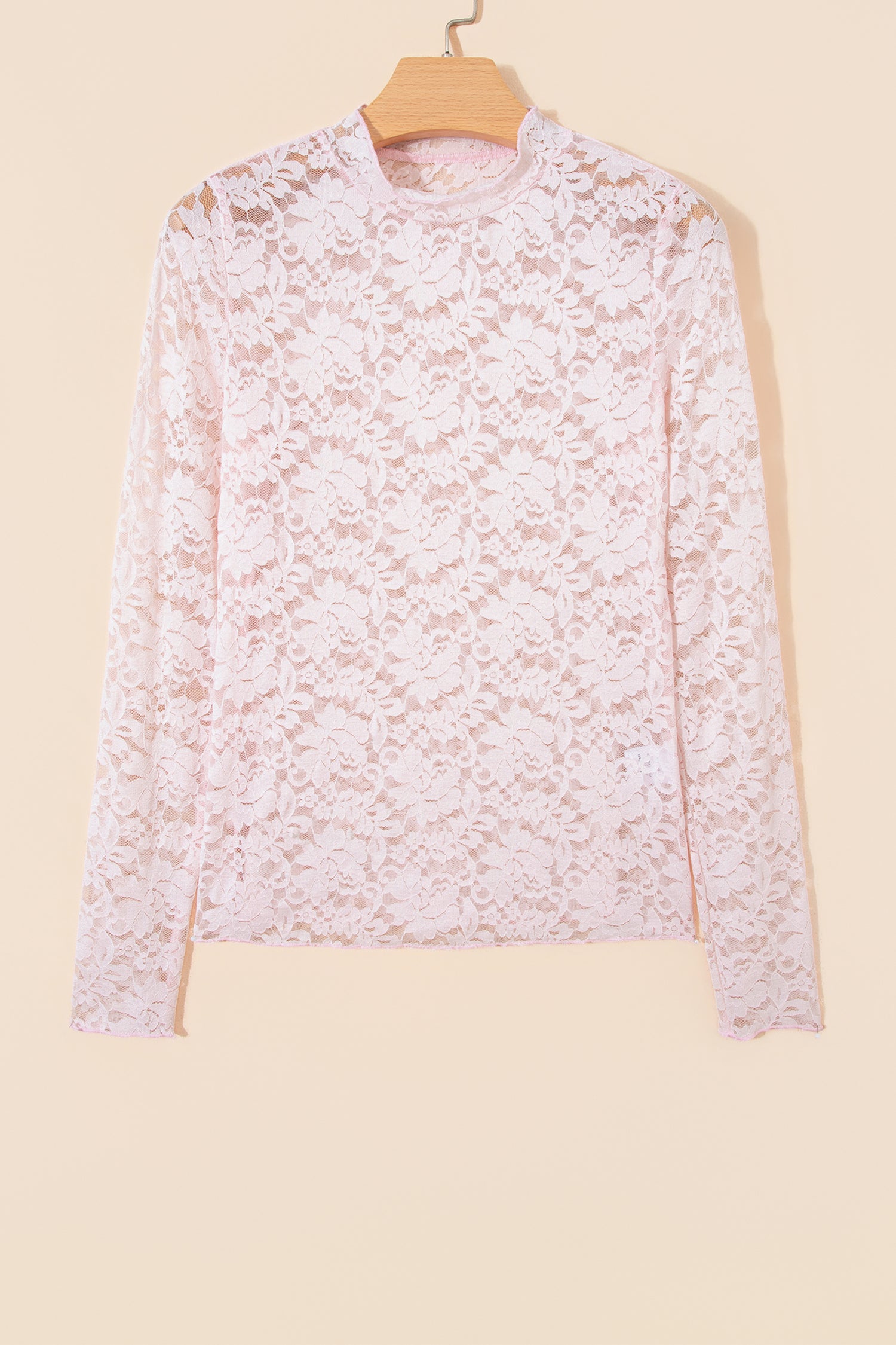Light Pink Floral Lace Long Sleeve Stand Neck Pullover Top