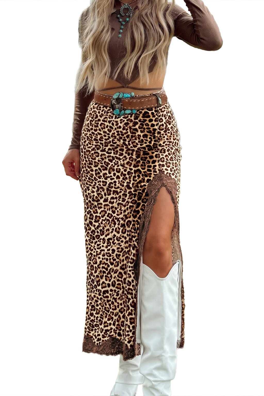 Multicolour Cheetah Print Trim Split Long Western Skirt