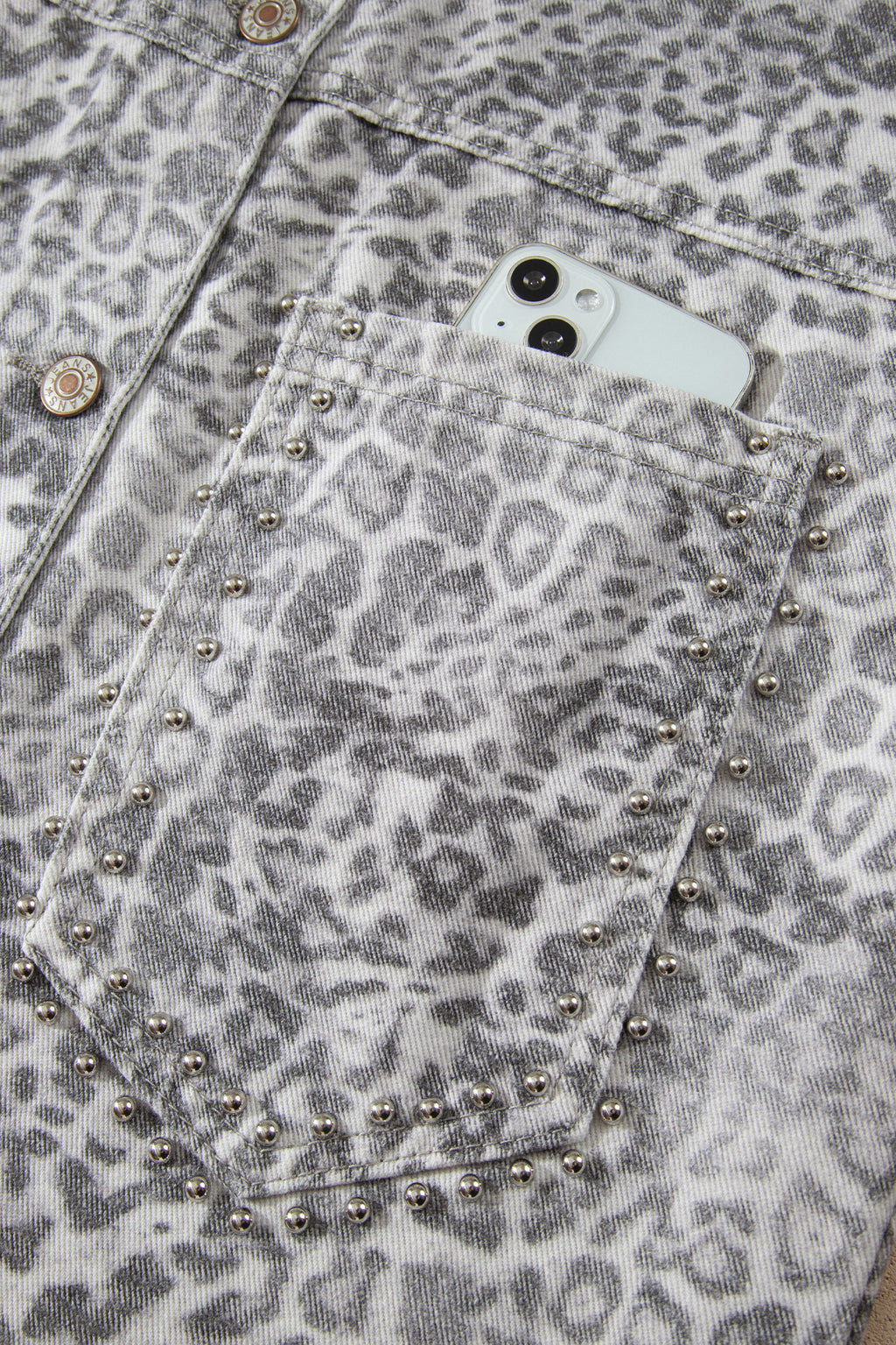 Khaki Leopard Print Studded Collar Studded Patch Pocket Denim Jacket