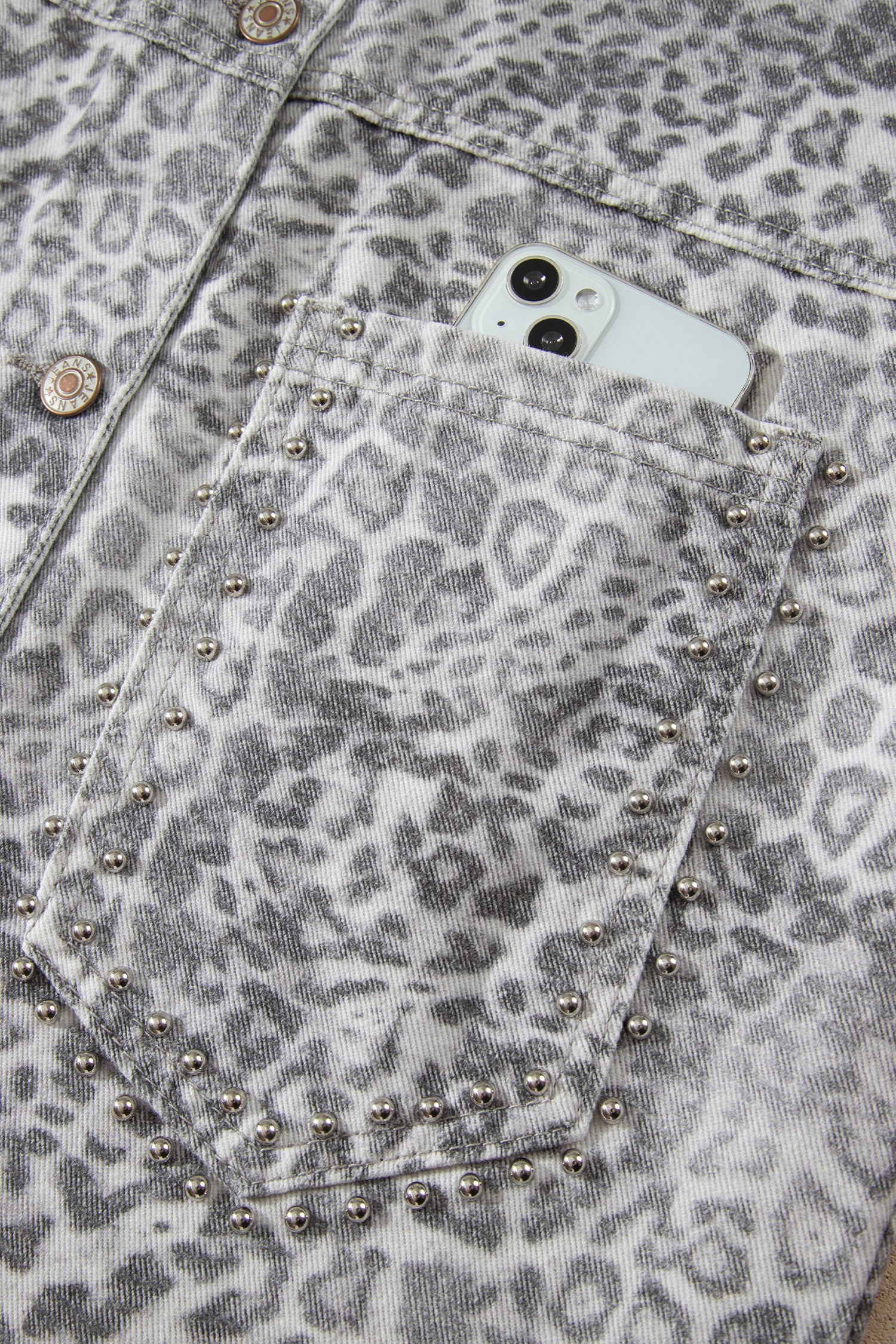 Khaki Leopard Print Studded Collar Studded Patch Pocket Denim Jacket