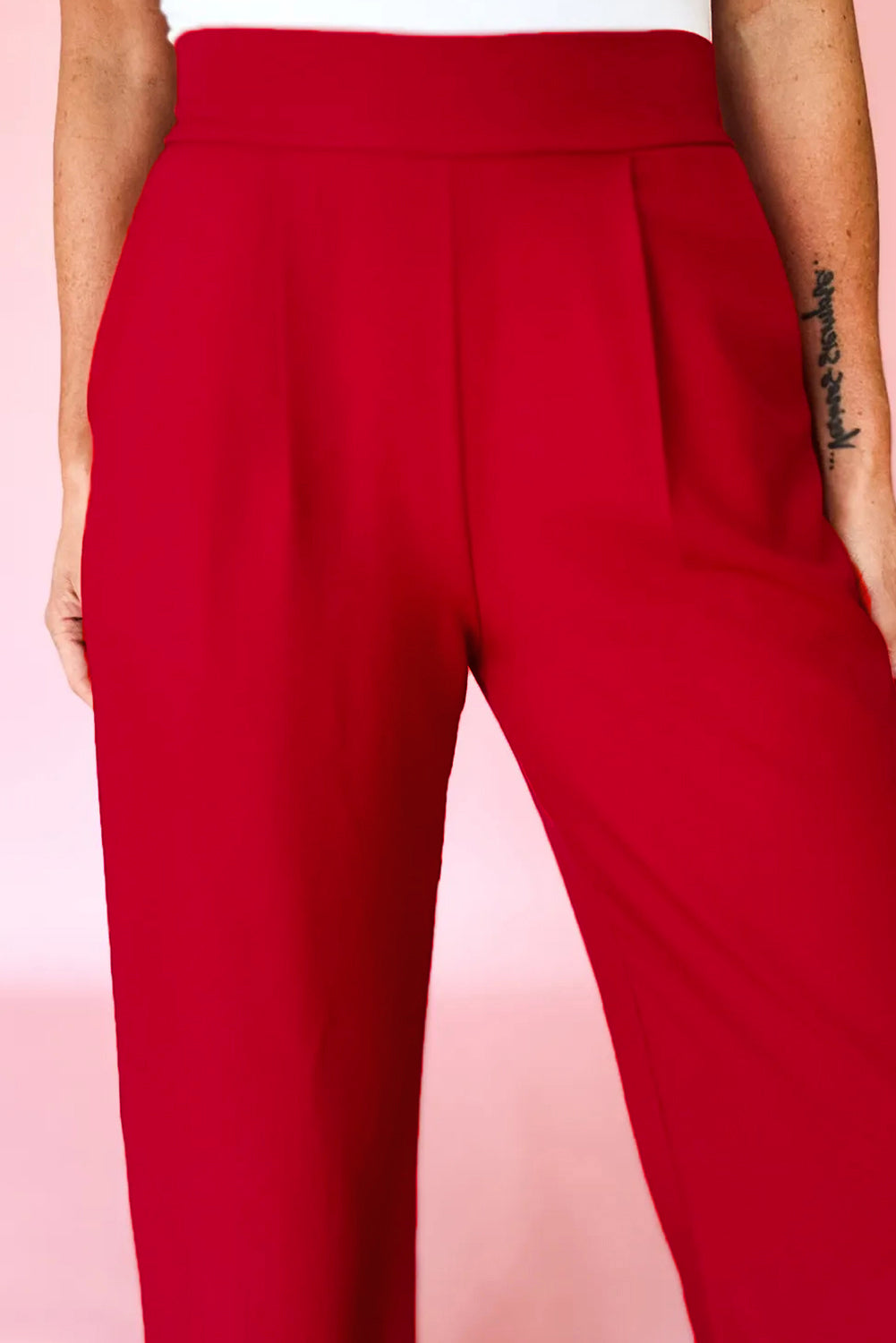 Black Pleated Detail Pull On High Elastic Waist Loose Straight Pants