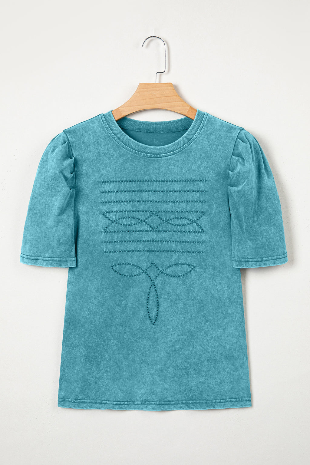 Turquoise Mineral Wash Western Embroidered Detail Short Puff Sleeve Cotton Tee