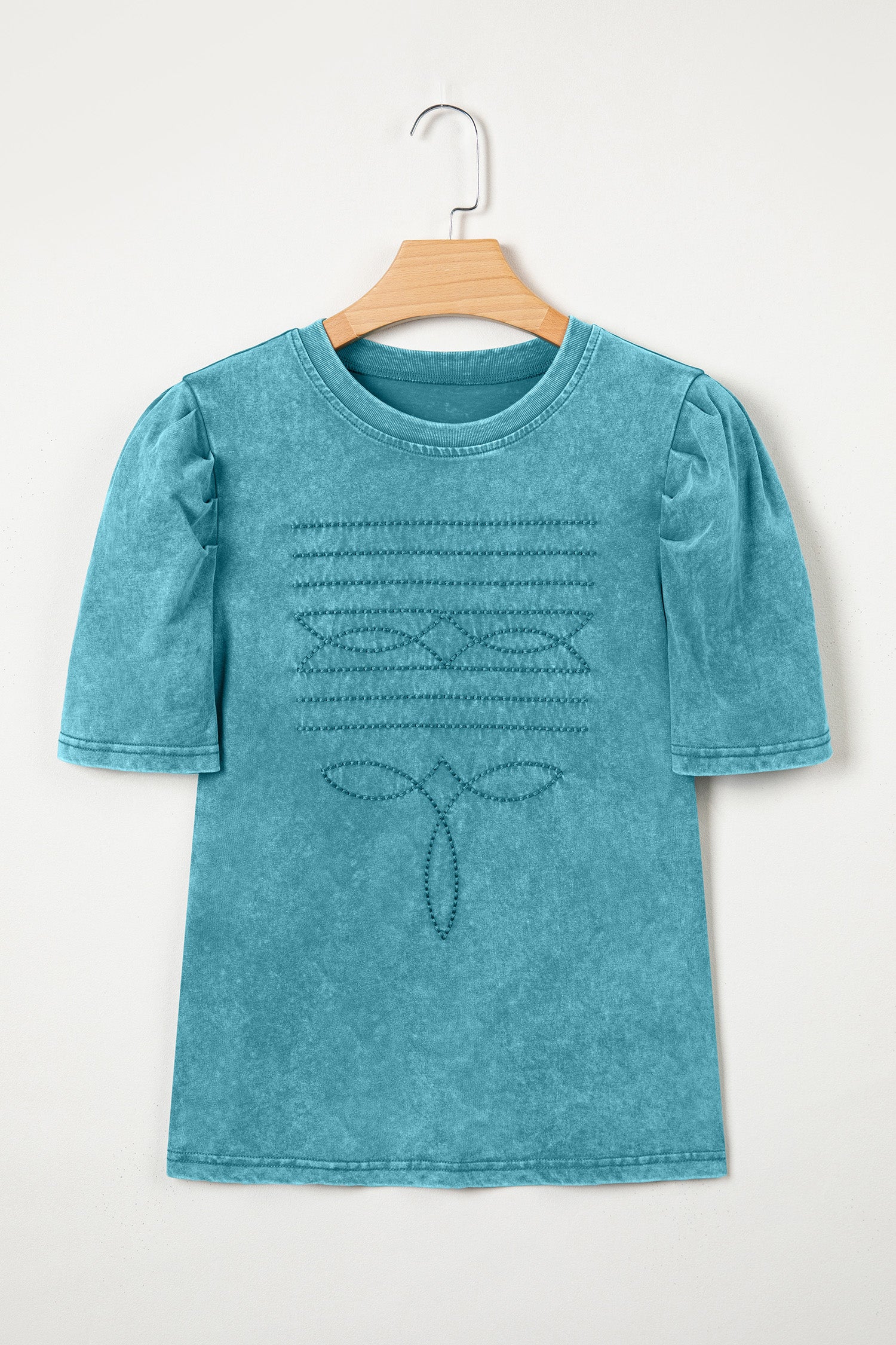Turquoise Mineral Wash Western Embroidered Detail Short Puff Sleeve Cotton Tee