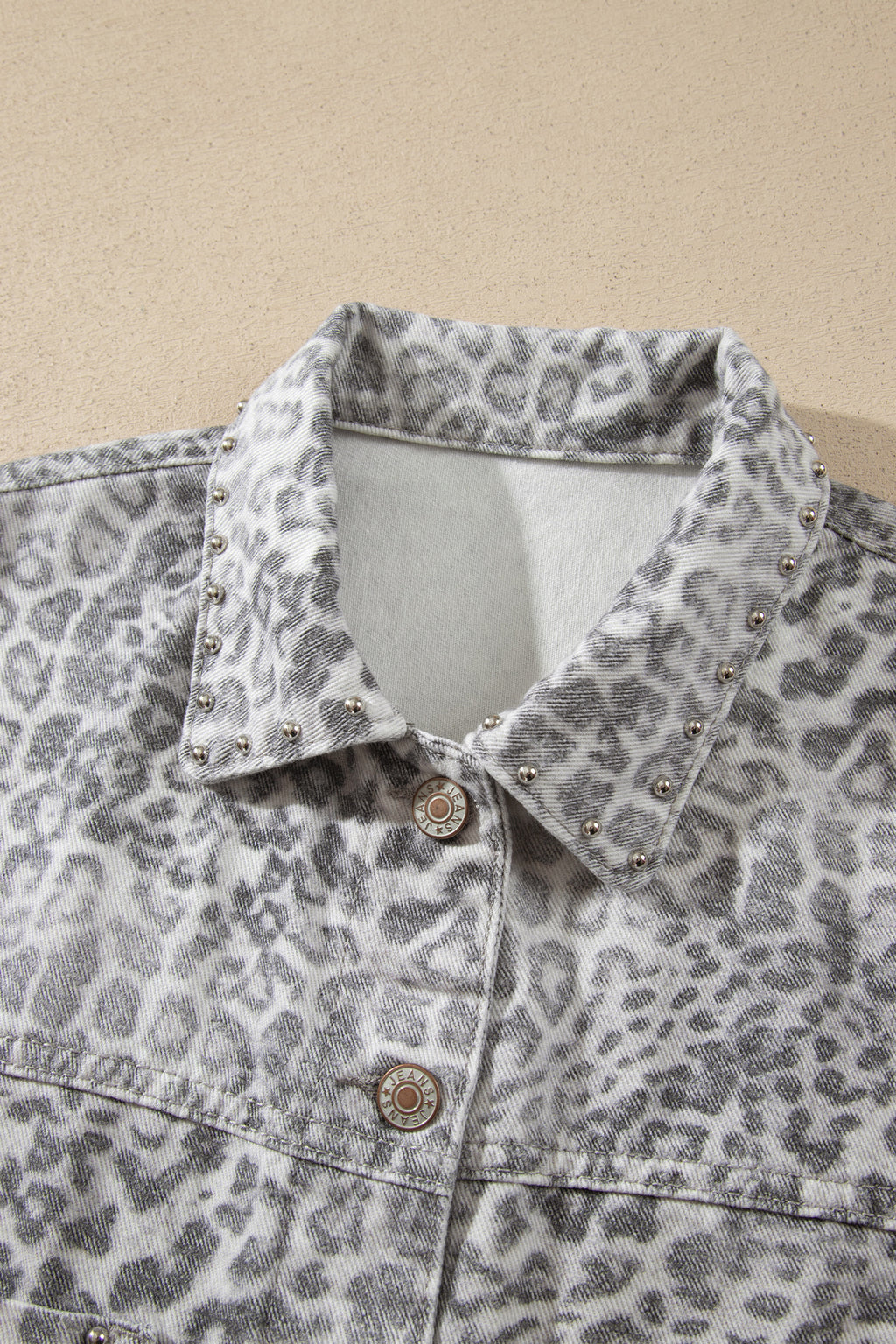 Khaki Leopard Print Studded Collar Studded Patch Pocket Denim Jacket