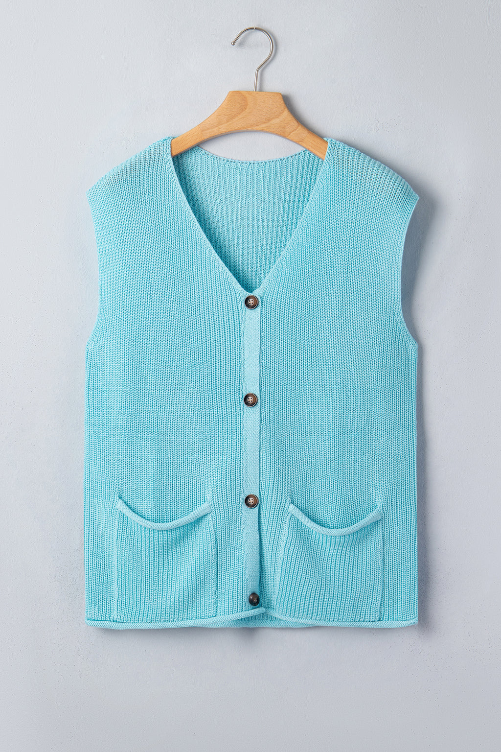 Pink Solid Color Knit V Neck Button Front Sweater Vest