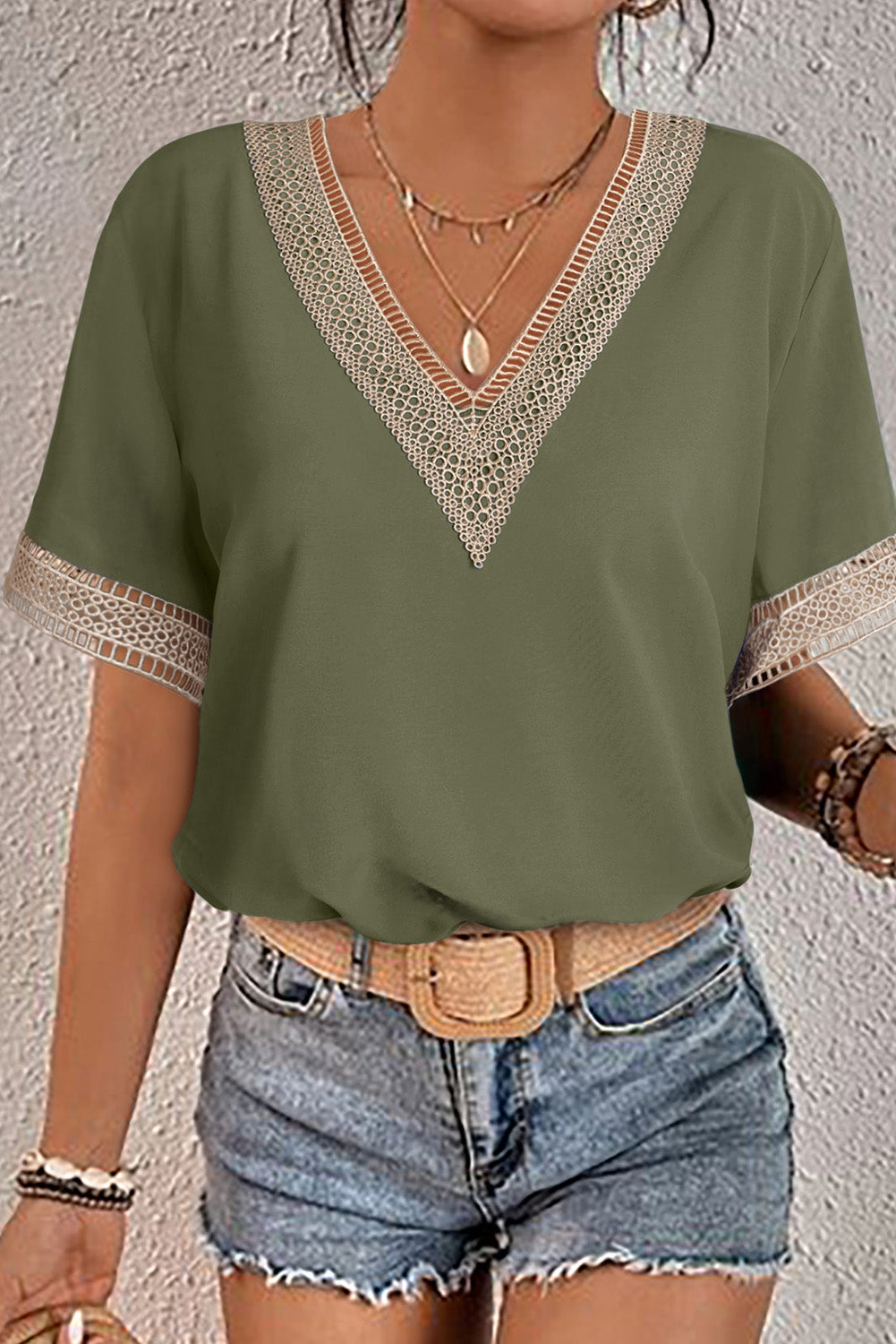 Black Lace Trim V Neck Short Sleeve Blouse
