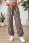 Khaki Leopard Print Elastic Waist Ankle Length Pants