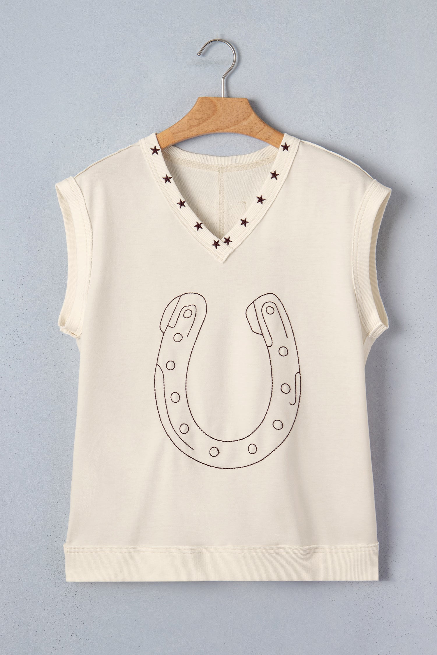White Horseshoe Embroidered Star Trim V Neck Loose Tank Top