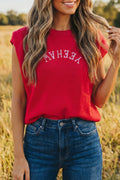 Fiery Red YEEHAW Embroidered Letter Loose Short Sleeve Sweater