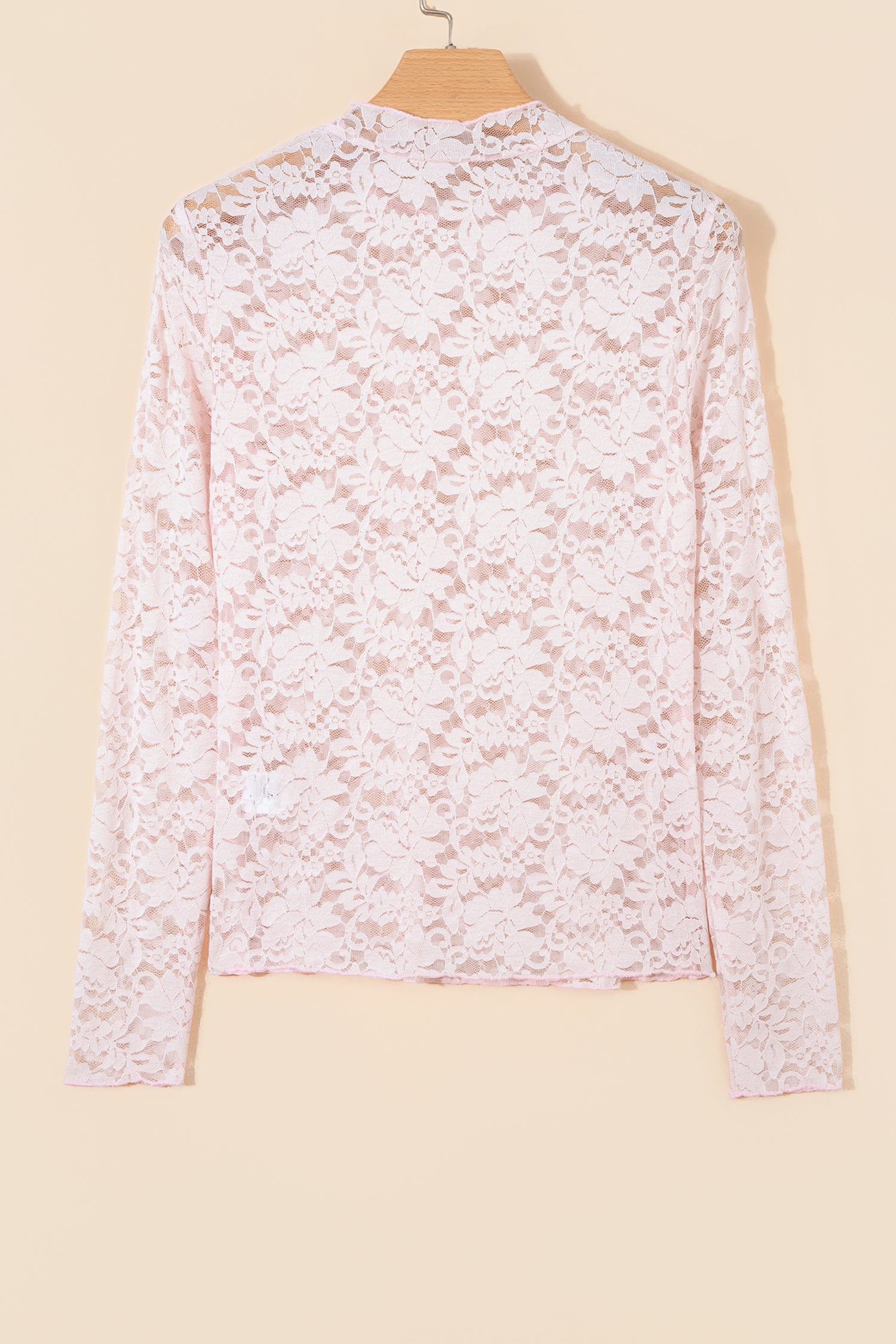 Light Pink Floral Lace Long Sleeve Stand Neck Pullover Top