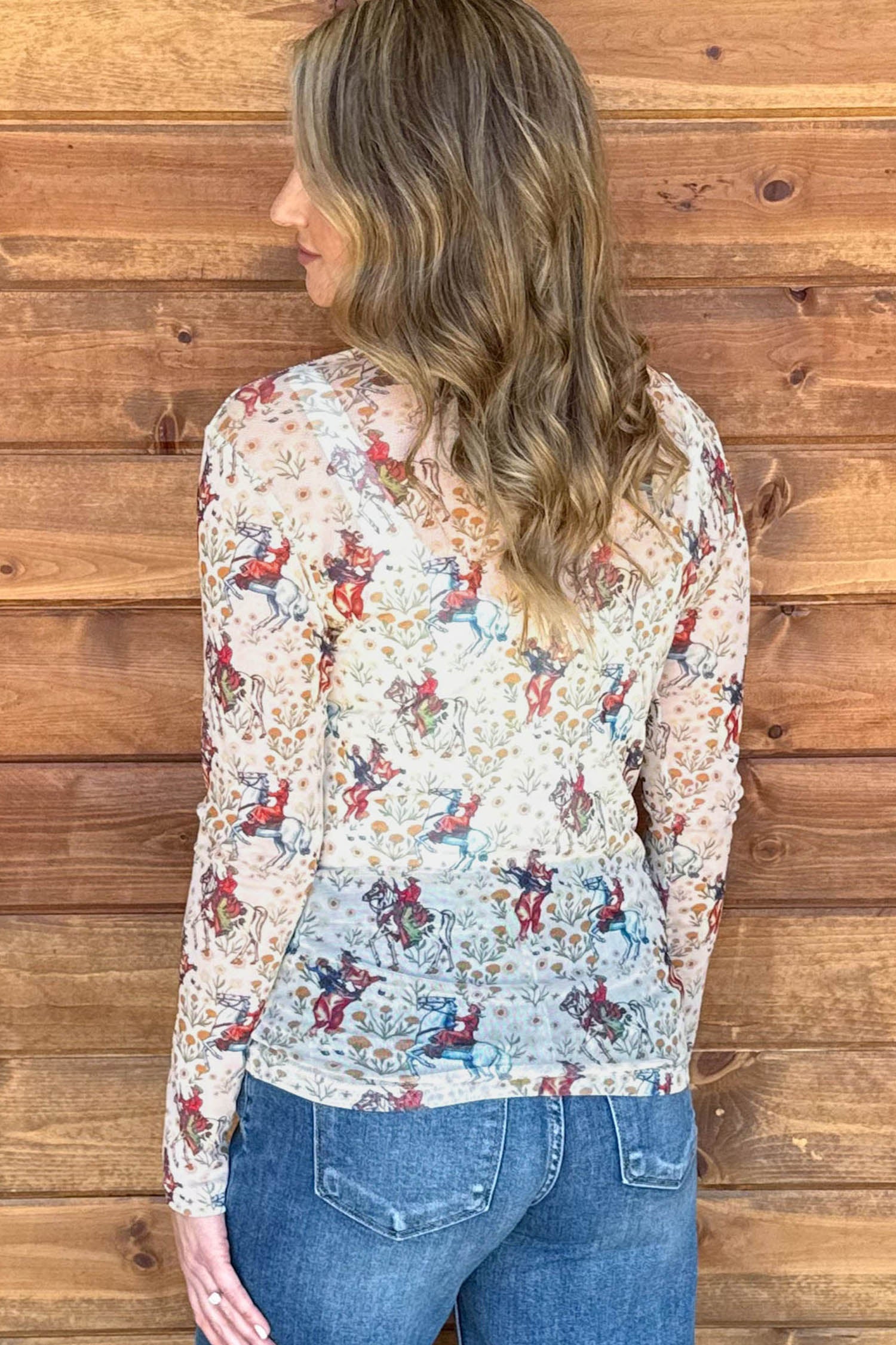 Brown Western Cowboy Floral Print Sheer Mesh Long Sleeve Top