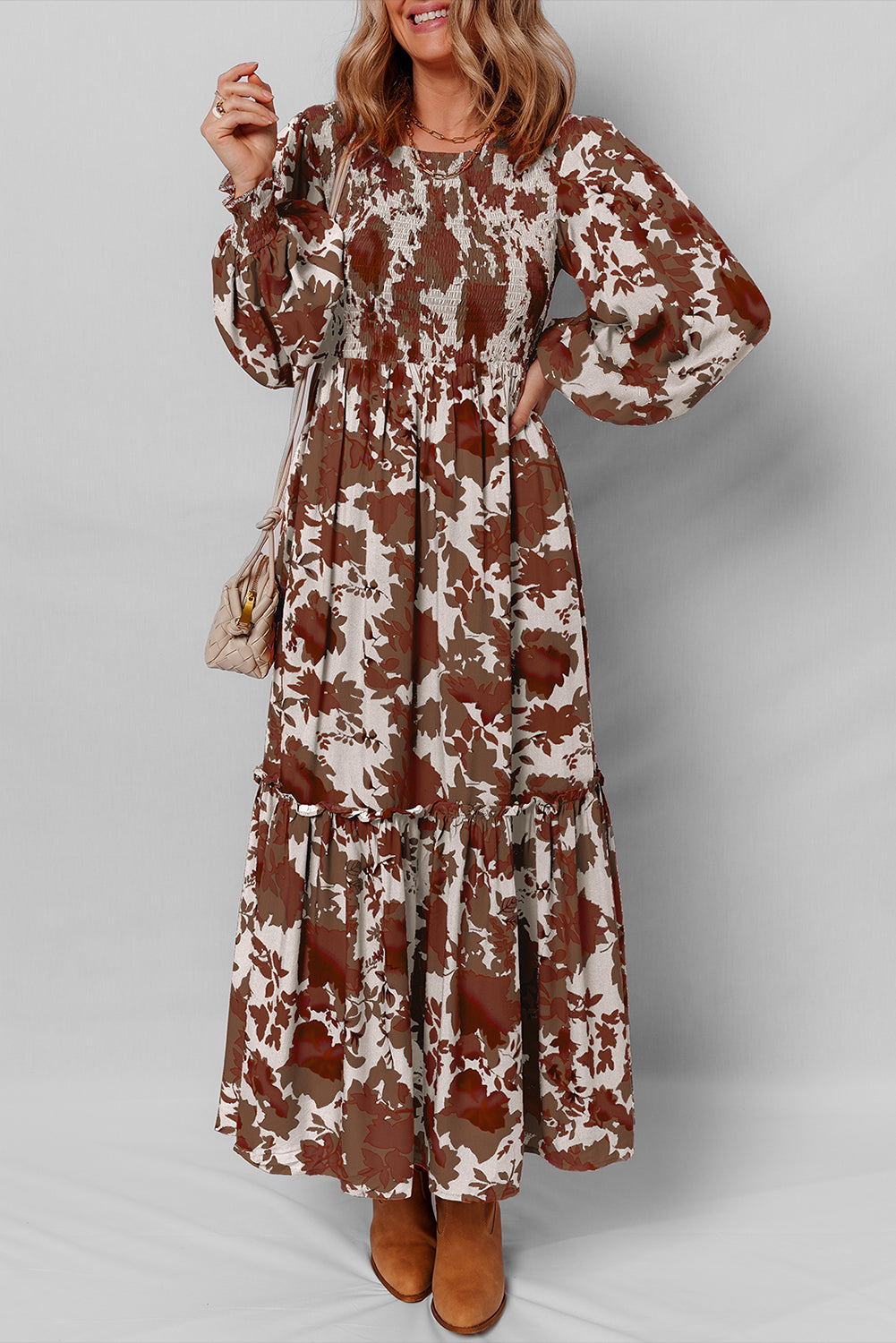 Chestnut Floral Puff Sleeve Smocked Bodice Ruffled Long Dress