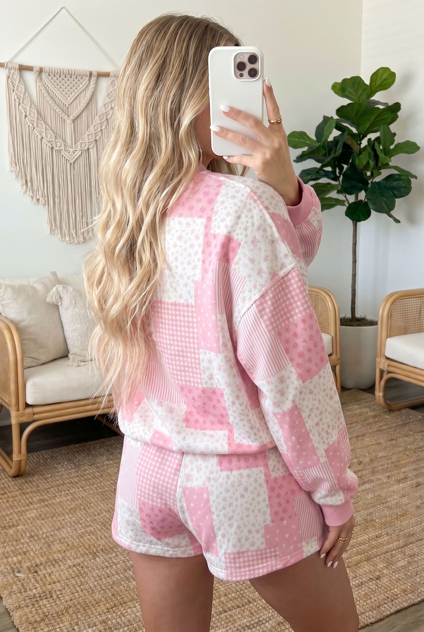 Green Patchwork Floral Print Drop Shoulder Baggy Pullover Drawstring Shorts Set