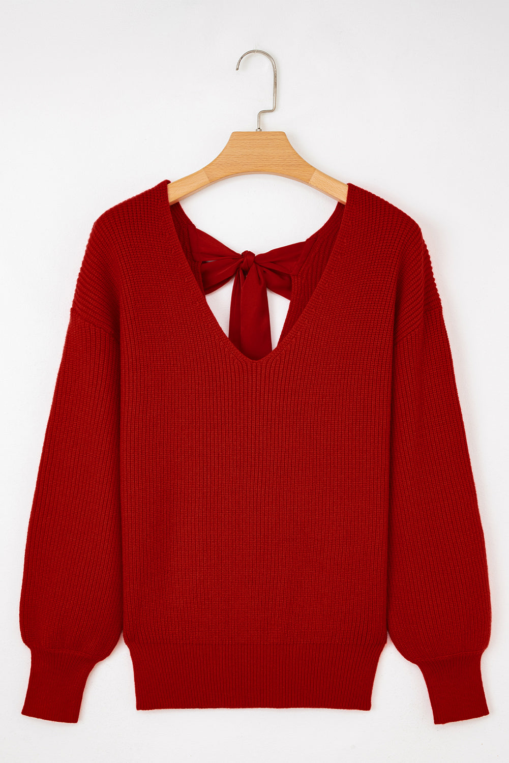 Coffee Lantern Sleeve V Neck Knot Back Sweater