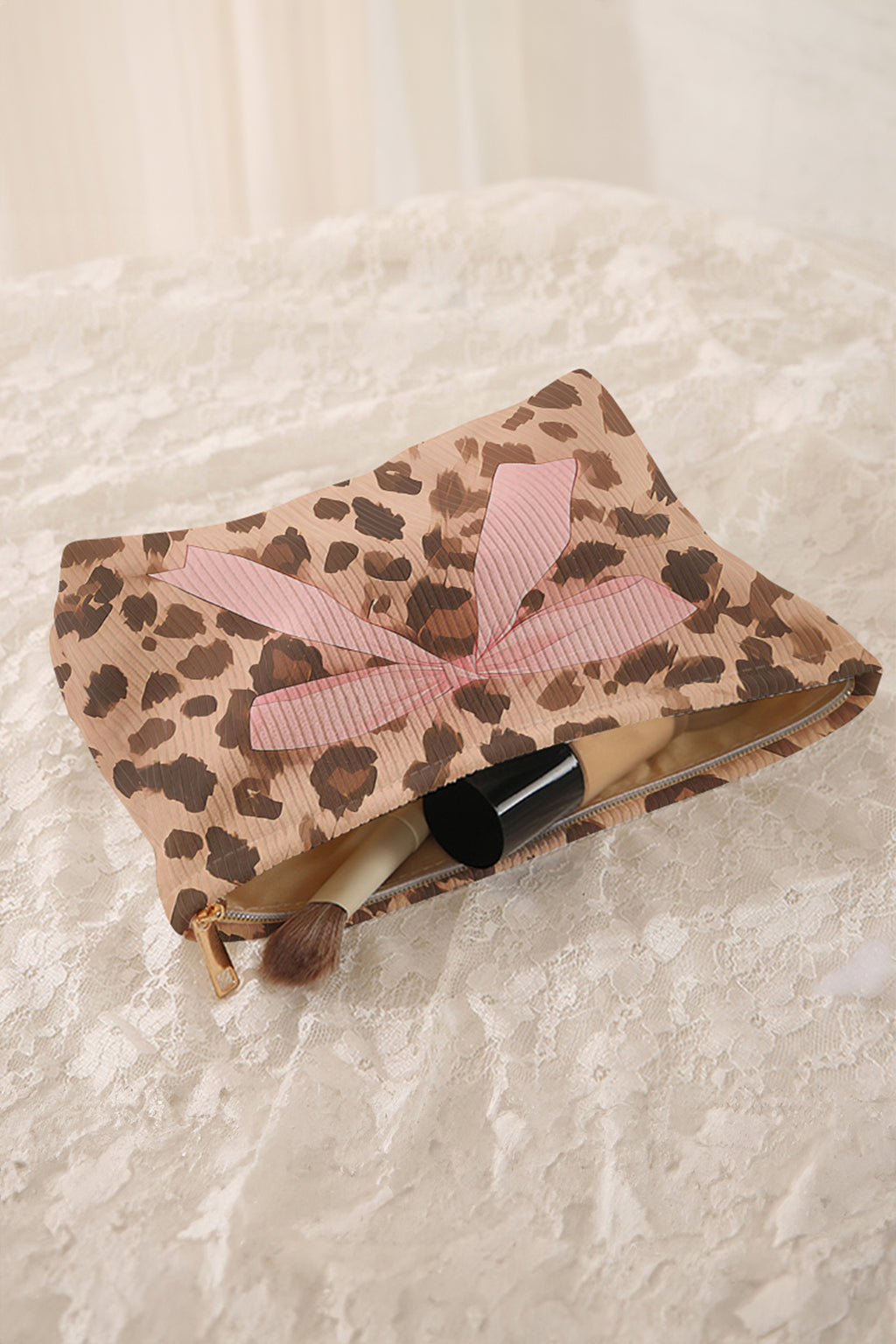 Camel Ribbon Bow Leopard Print Ribbed Cloth Makeup Bag