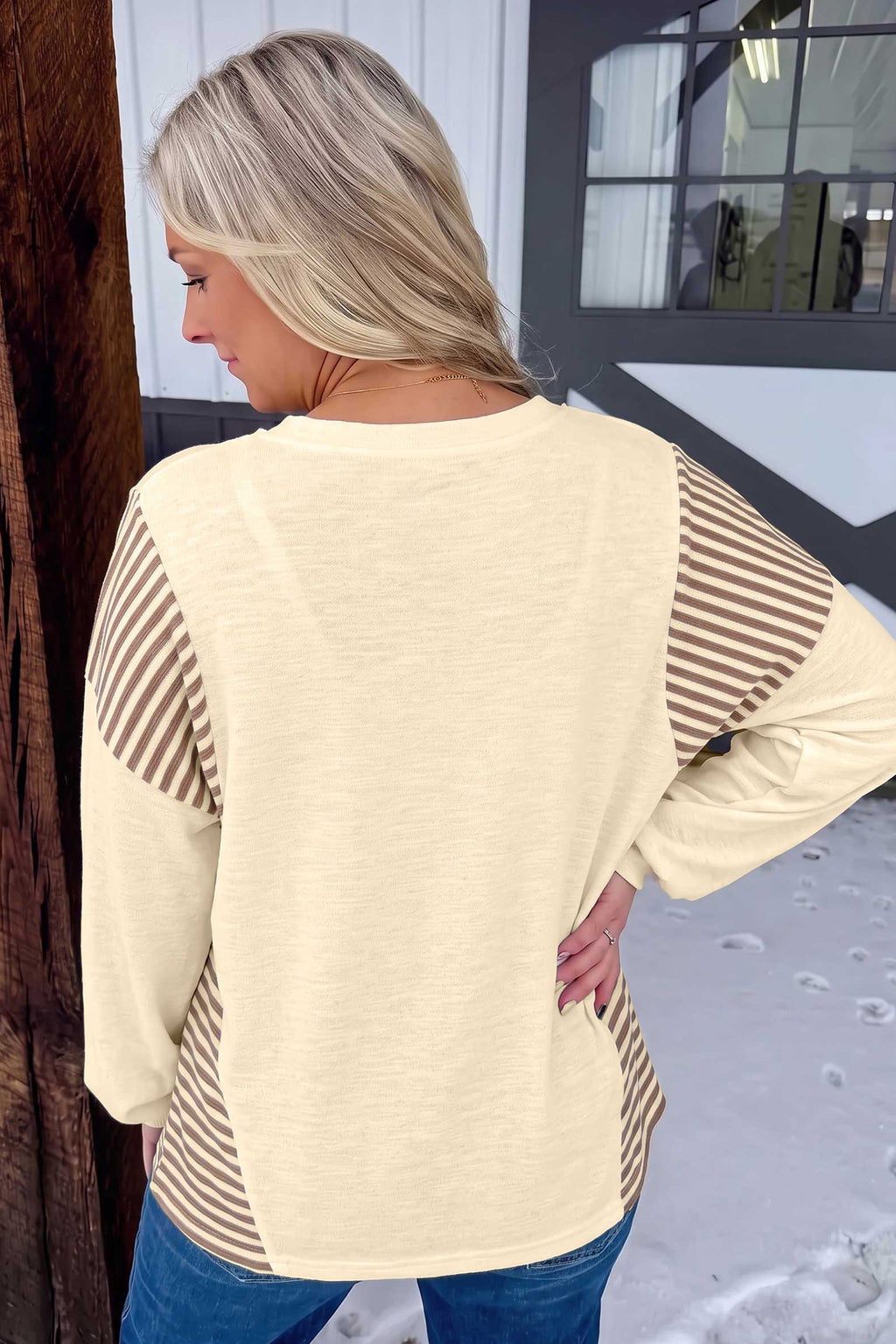 Jet Stream Western Print Striped Detail Long Sleeve Casual Top