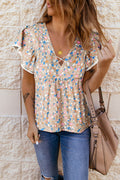 Khaki Crisscross V Neck Ruffle Sleeve Printed Flowy Blouse