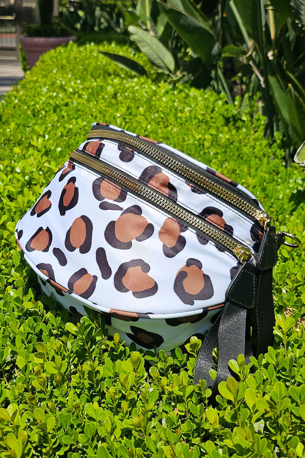 White Animal Spots Print Wide Strap Large Crossbody Bag