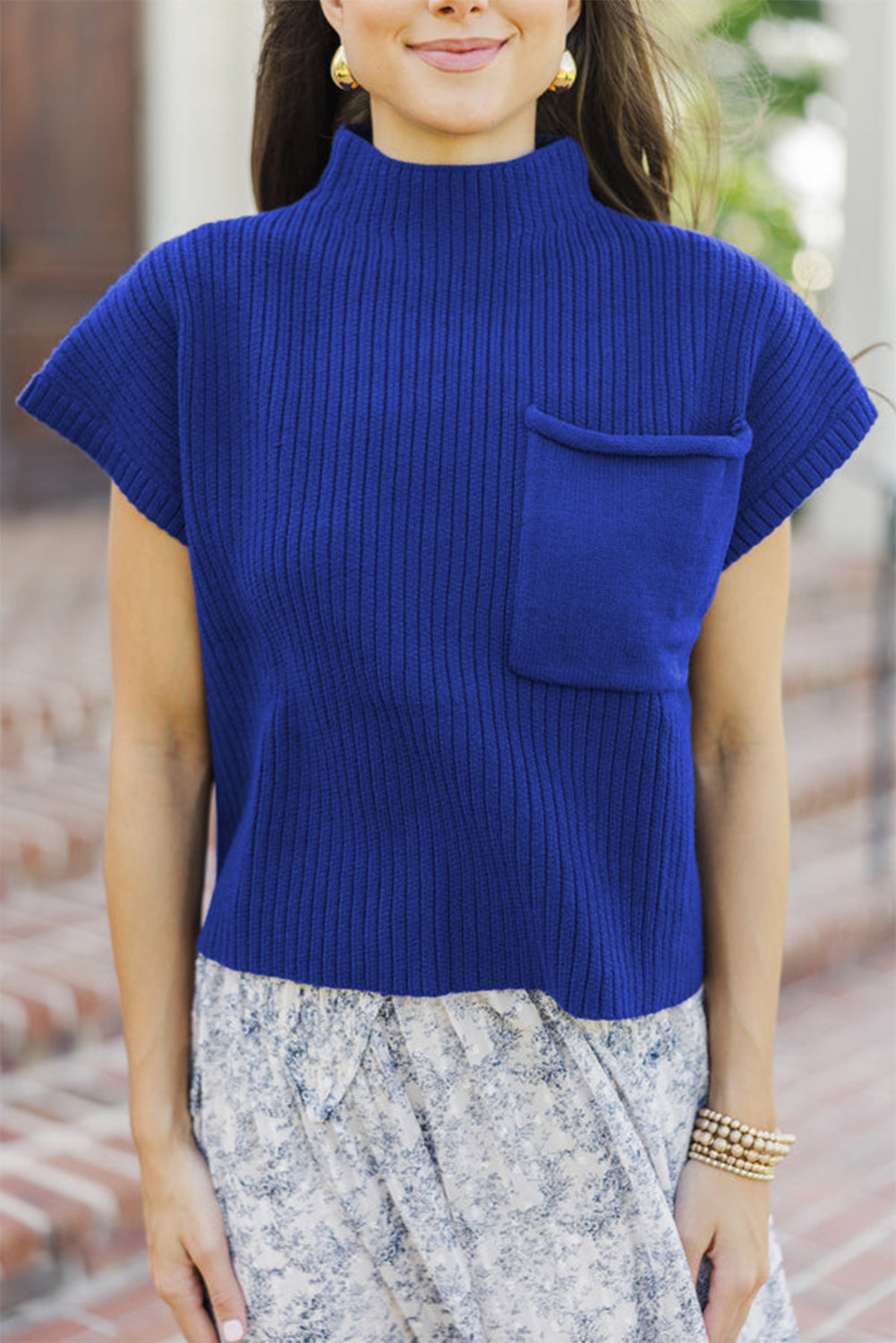 Gold Flame Patch Pocket Ribbed Knit Short Sleeve Sweater