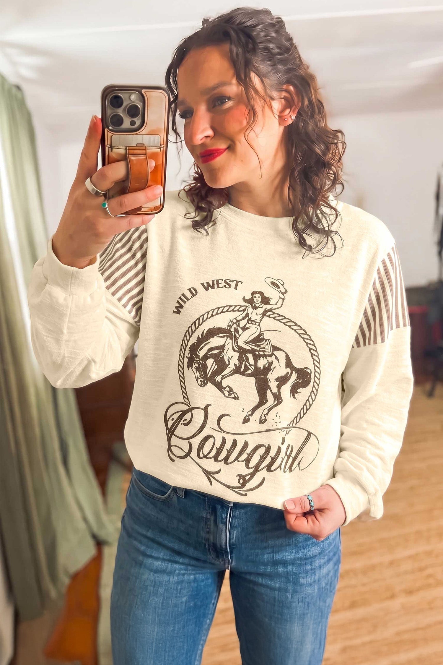 Jet Stream Western Print Striped Detail Long Sleeve Casual Top