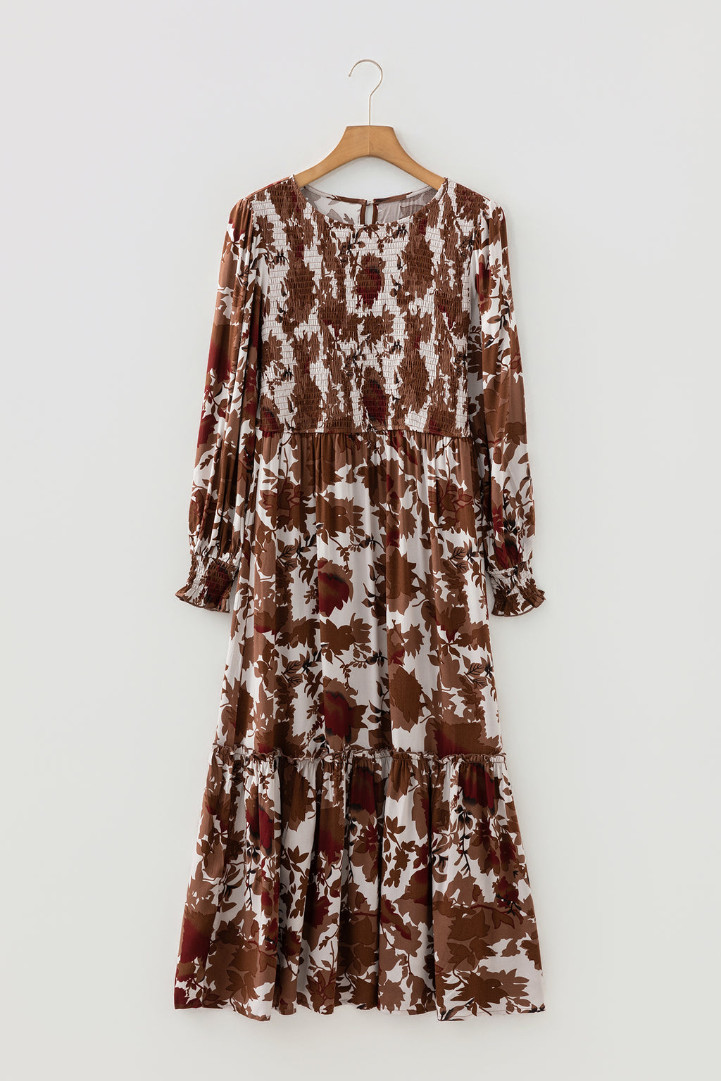 Chestnut Floral Puff Sleeve Smocked Bodice Ruffled Long Dress
