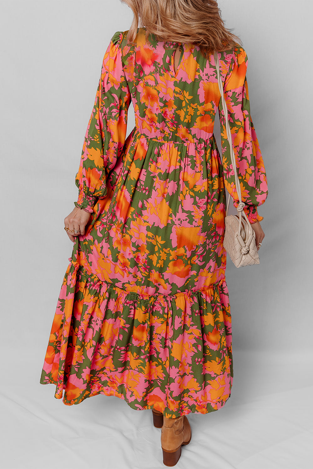 Chestnut Floral Puff Sleeve Smocked Bodice Ruffled Long Dress