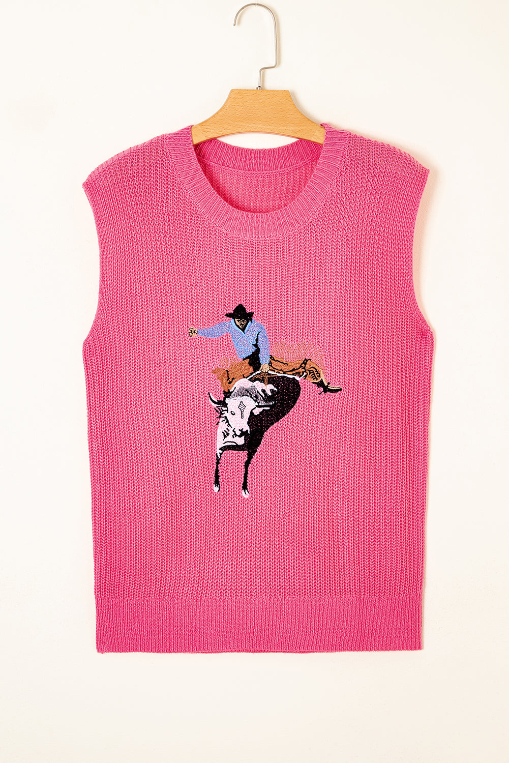 Black Western Cowboy Embroidery Round Neck Sleeveless Sweater