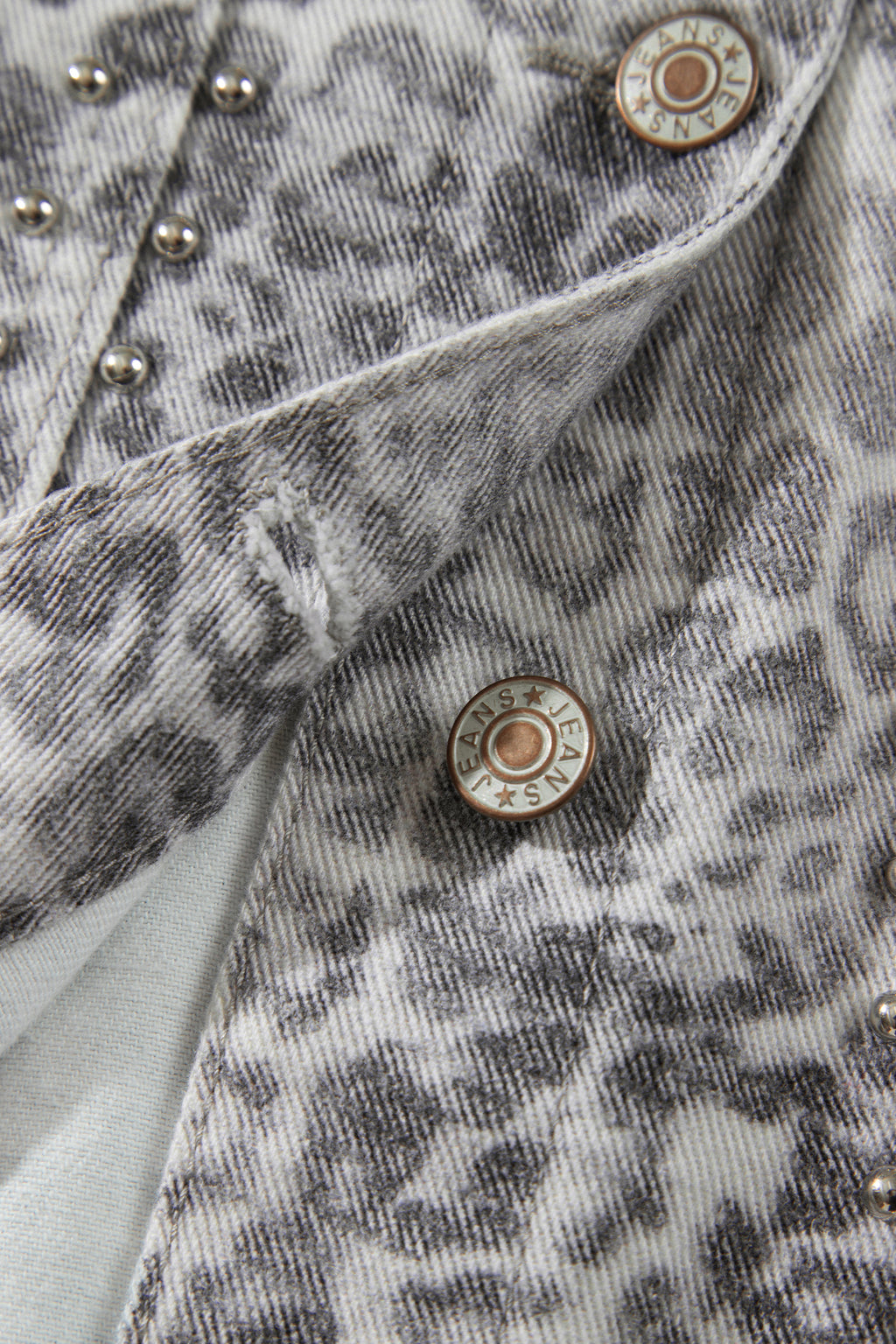 Khaki Leopard Print Studded Collar Studded Patch Pocket Denim Jacket