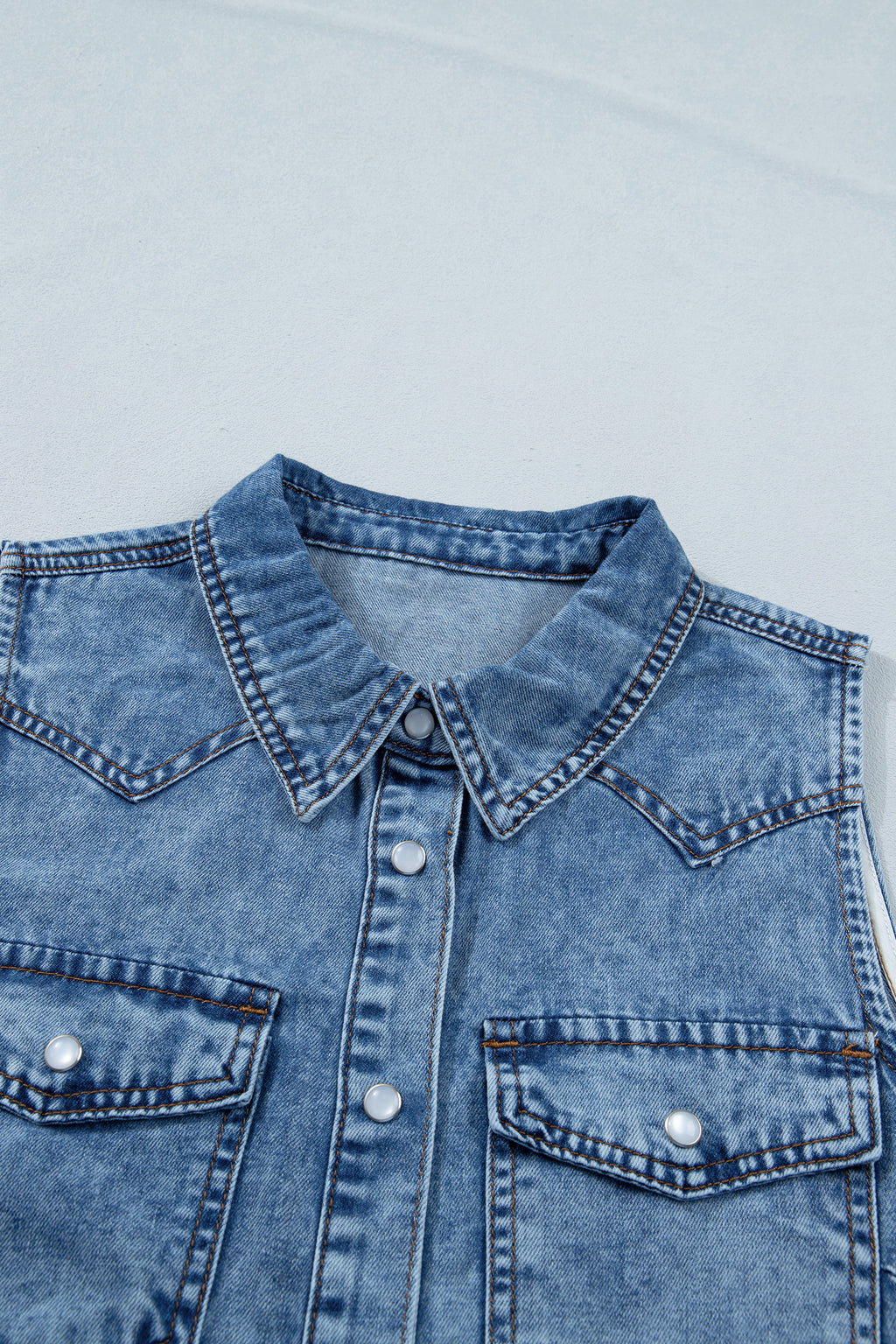 Dusk Blue Buttoned Front Collared Sleeveless Denim Vest