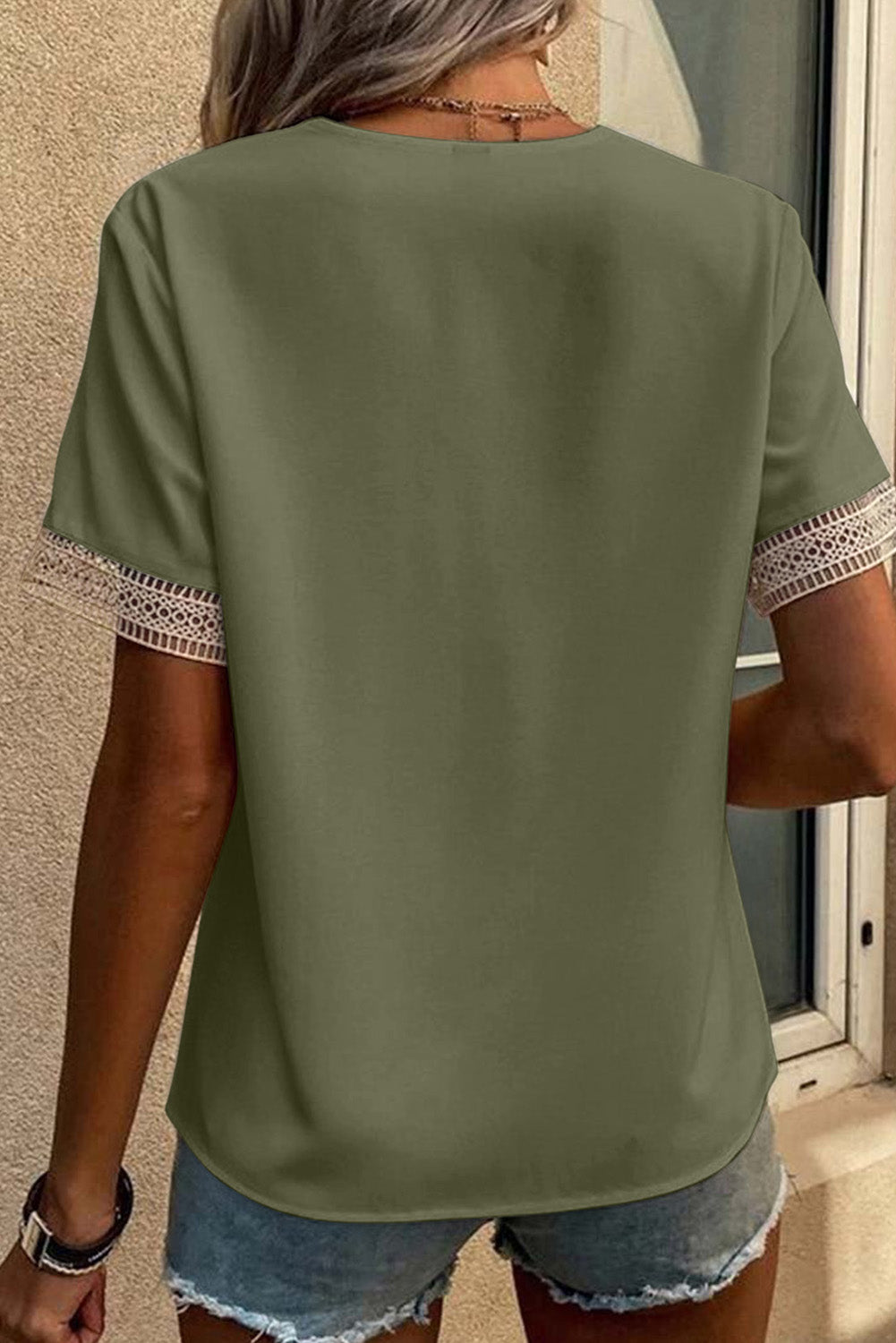 Black Lace Trim V Neck Short Sleeve Blouse