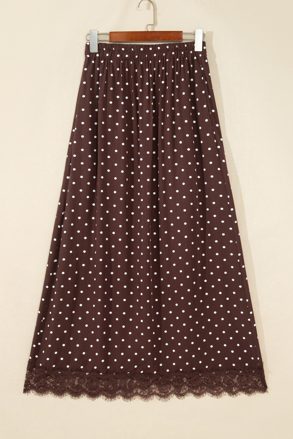 Brown Polka Dot Lace Hem Elegant Long Shift Skirt