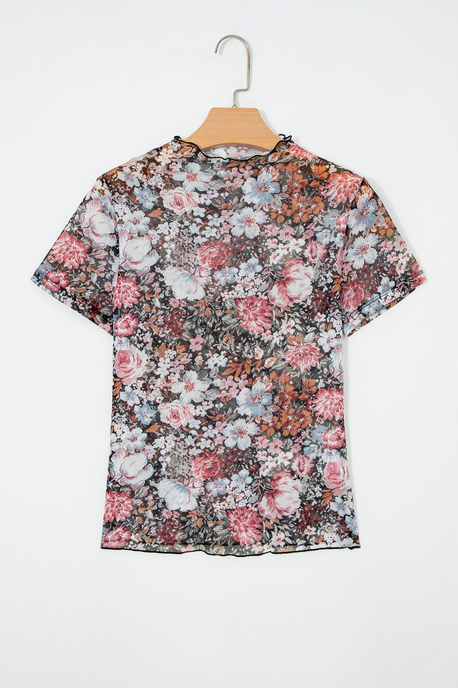 Brown Floral Printed Mesh Short Sleeve Top