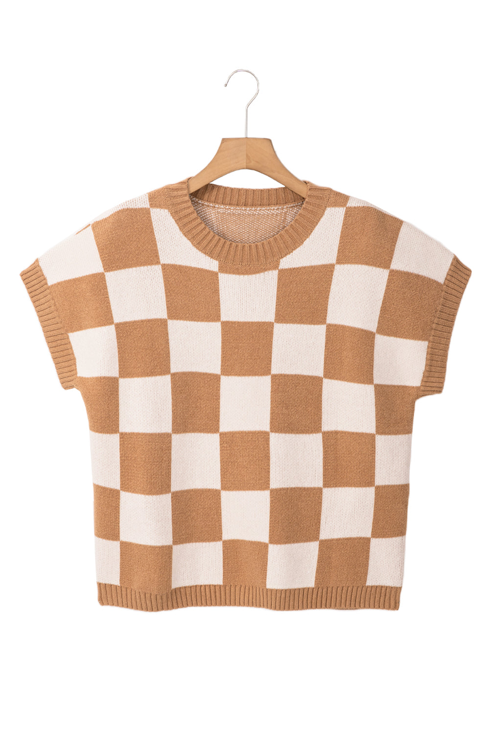 Light French Beige Colorblock Plaid Pattern Ribbed Trim Sweater Tank Top