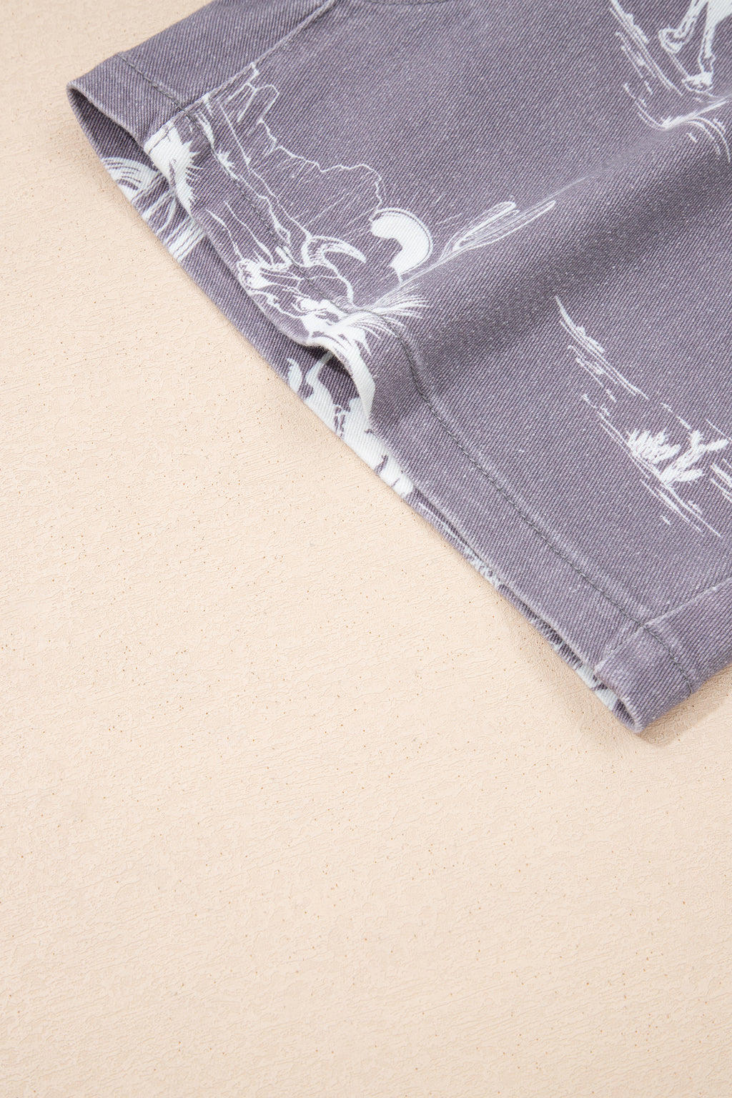 Gray Western Print Elastic Waist Cotton Denim Shorts