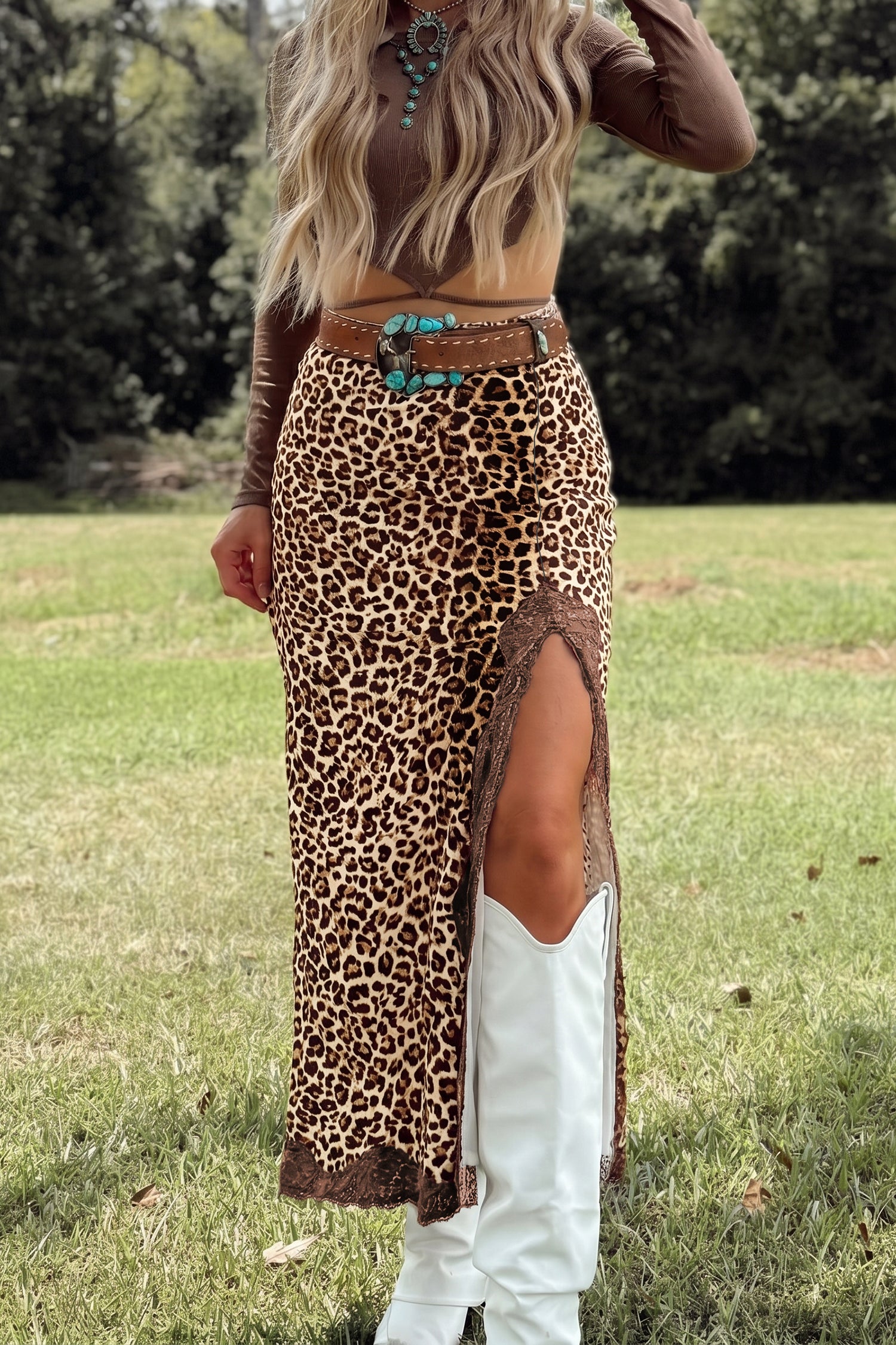 Multicolour Cheetah Print Trim Split Long Western Skirt