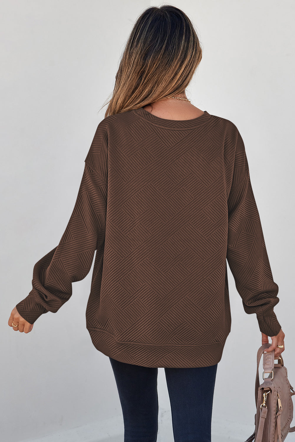 Black Solid Color Textured Round Neck Drop Shoulder Pullover Sweatshirt