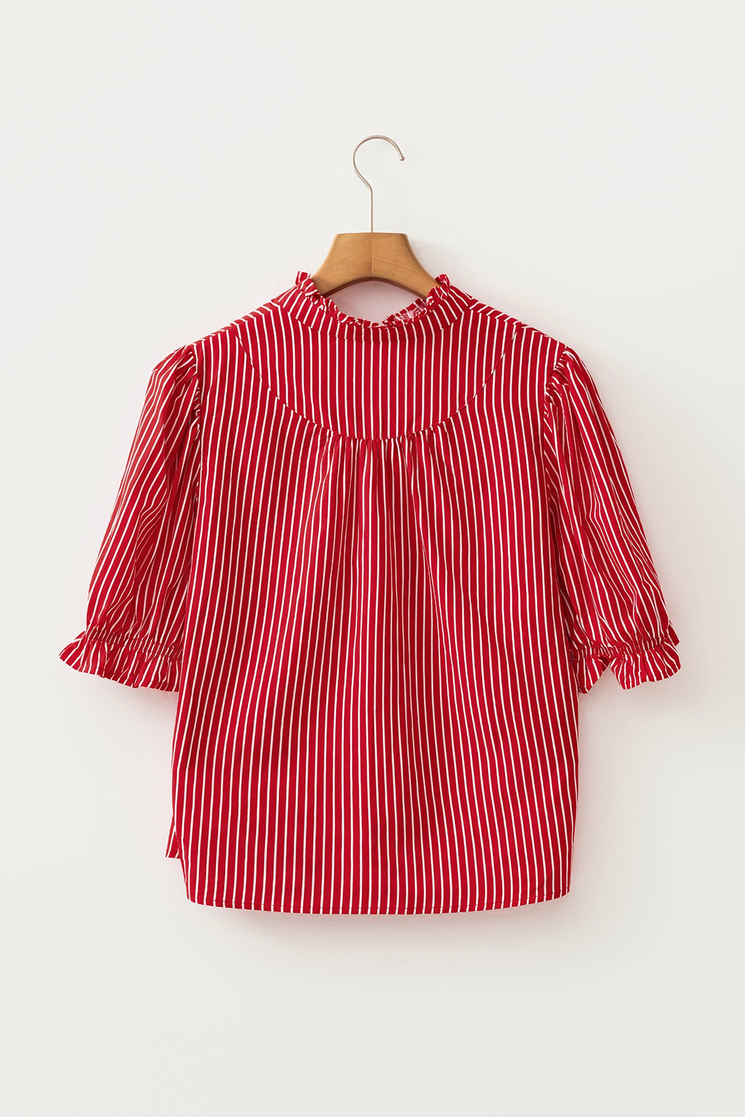 Blue Stripe Ruffled Short Puff Sleeve Button Front Blouse