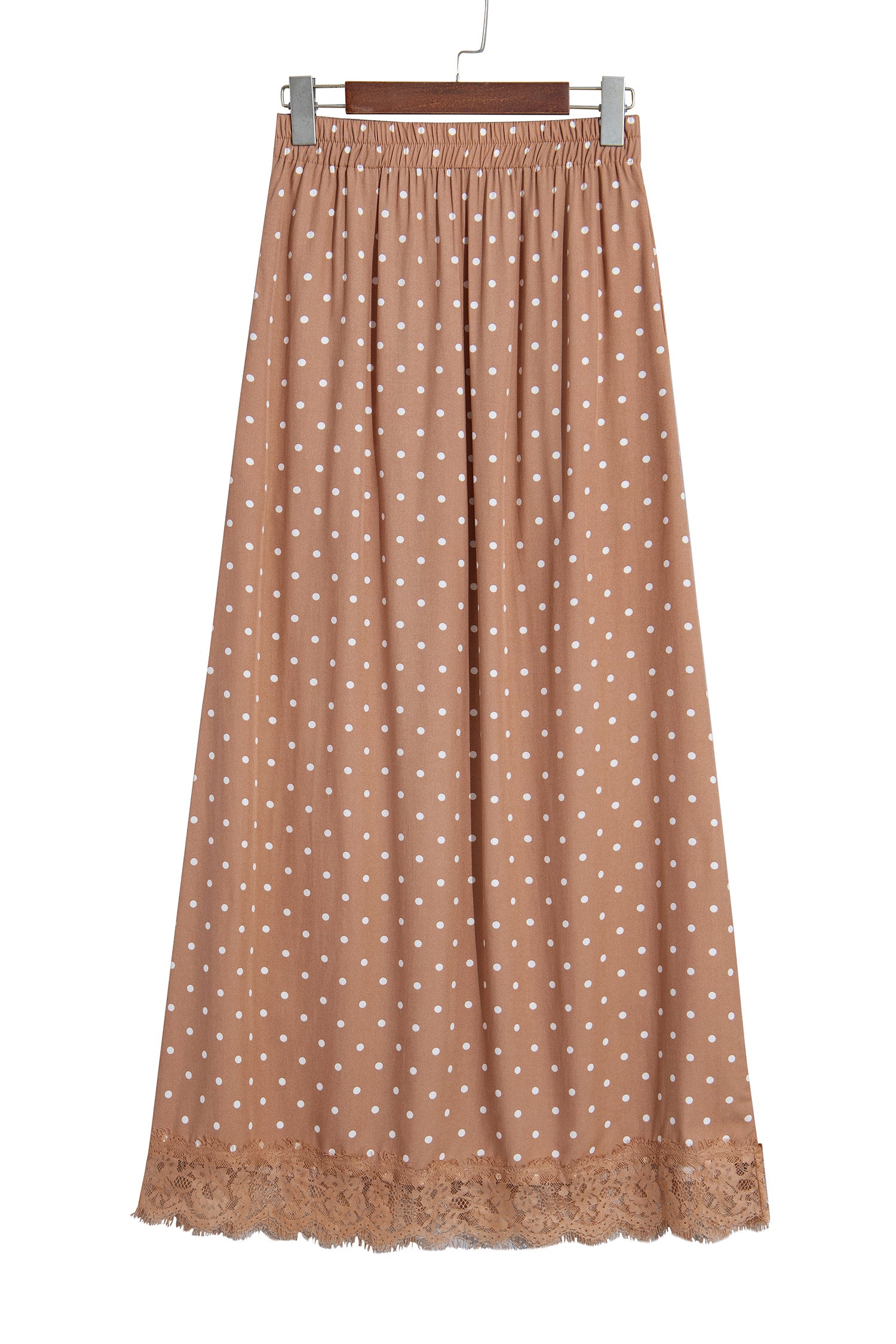 Brown Polka Dot Lace Hem Elegant Long Shift Skirt