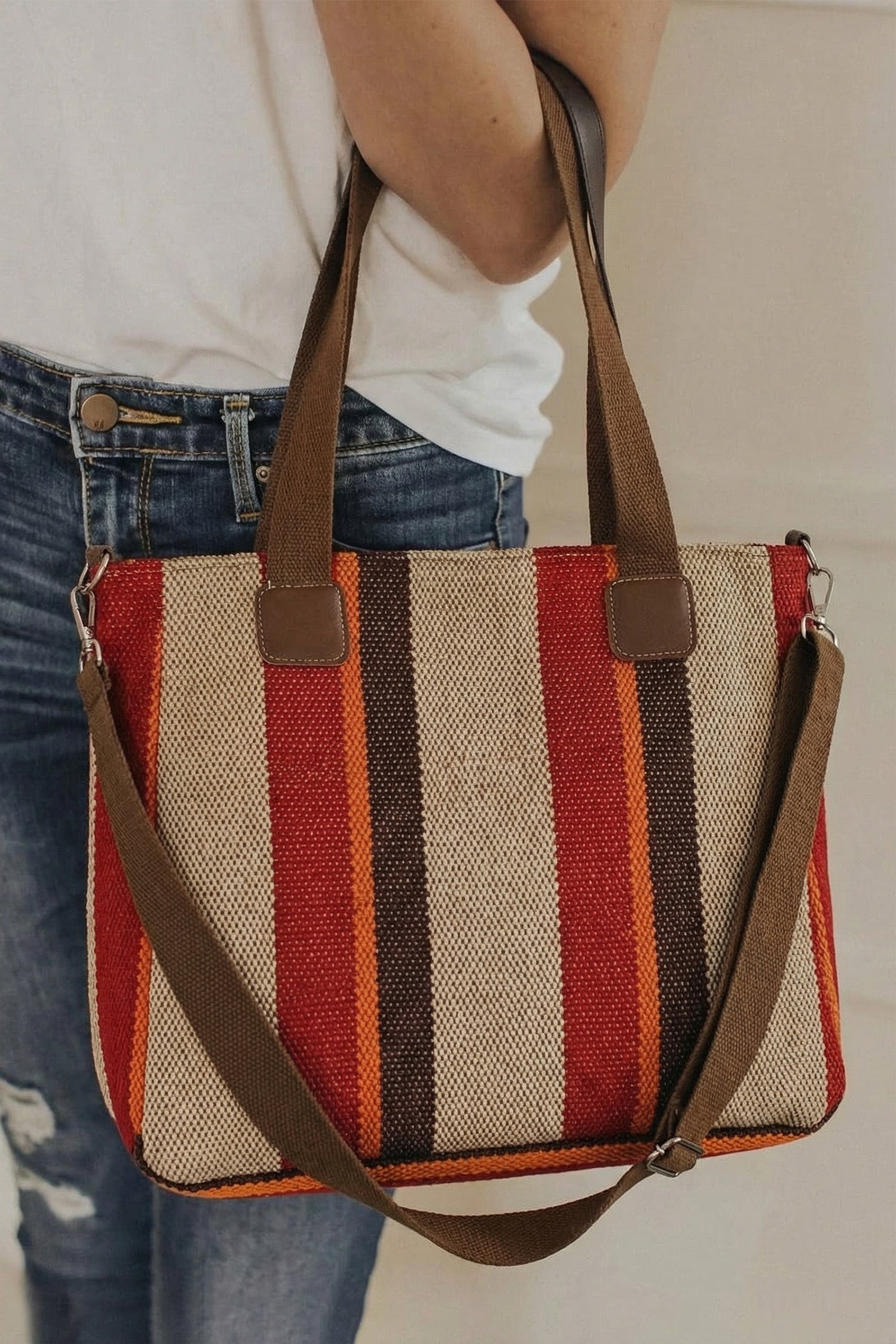 Fiery Red Canvas Striped Convertible Tote Bag