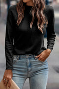 Black Solid Color Seam Detail Raglan Long Sleeve Top