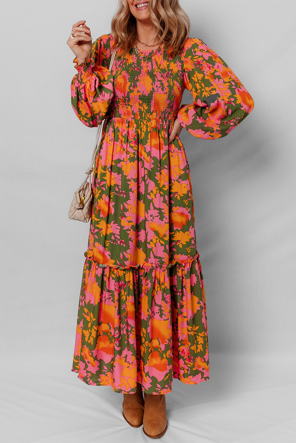 Chestnut Floral Puff Sleeve Smocked Bodice Ruffled Long Dress