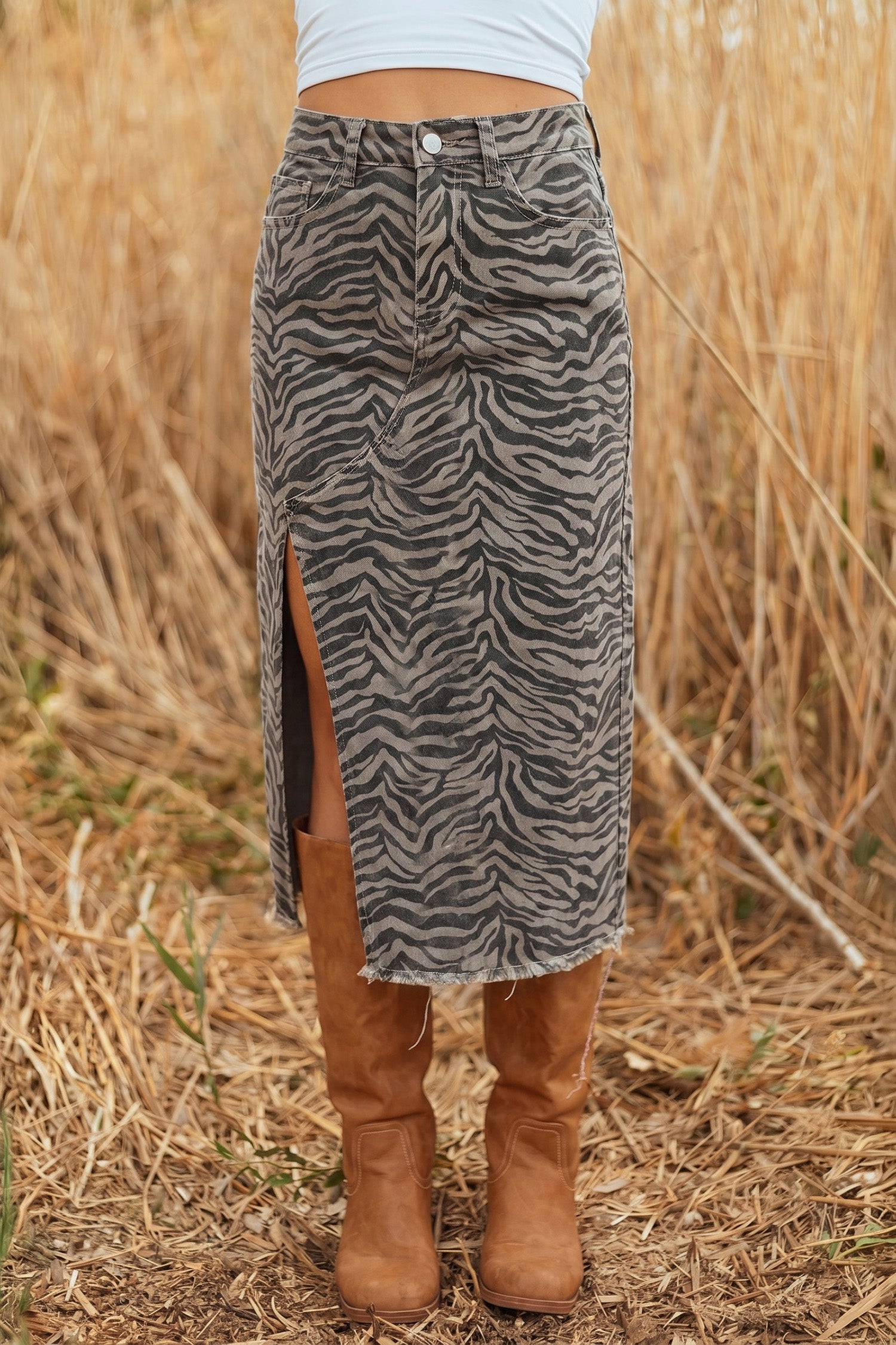 Brown Leopard Print Frayed Edge Denim Skirt Long Casual Daily Wear