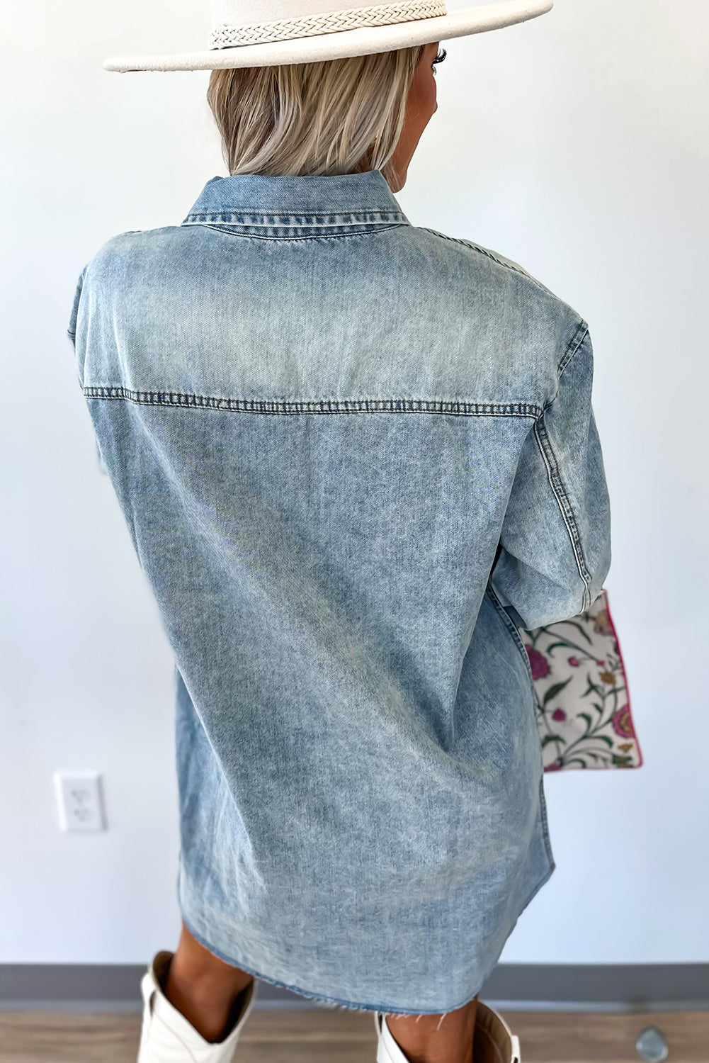 Blue Beau Chest Pocket Raw Hem Denim Loose Shirt Dress