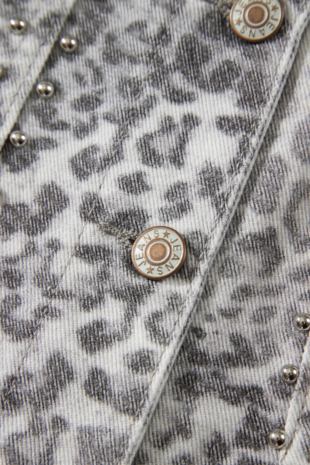 Khaki Leopard Print Studded Collar Studded Patch Pocket Denim Jacket
