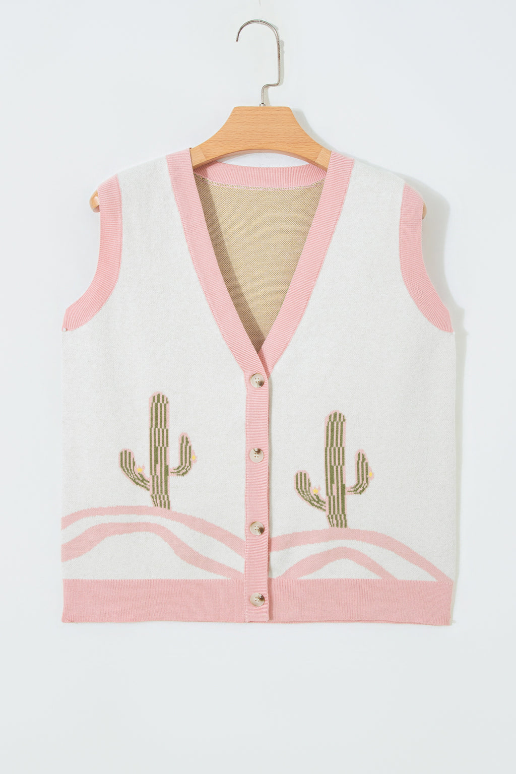 Pink Color Block Trim Button Front Cactus Pattern Western Sweater Vest