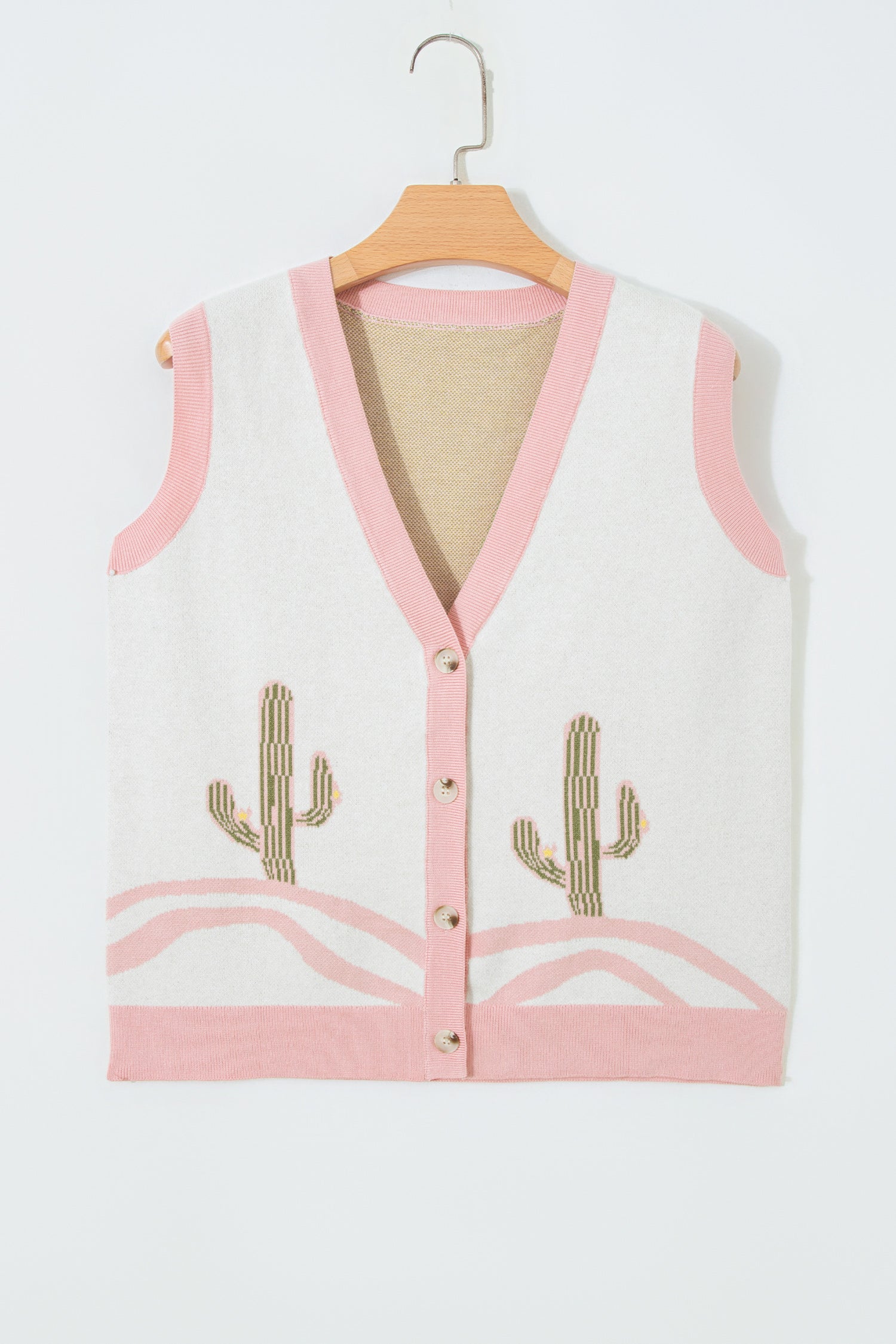 Pink Color Block Trim Button Front Cactus Pattern Western Sweater Vest