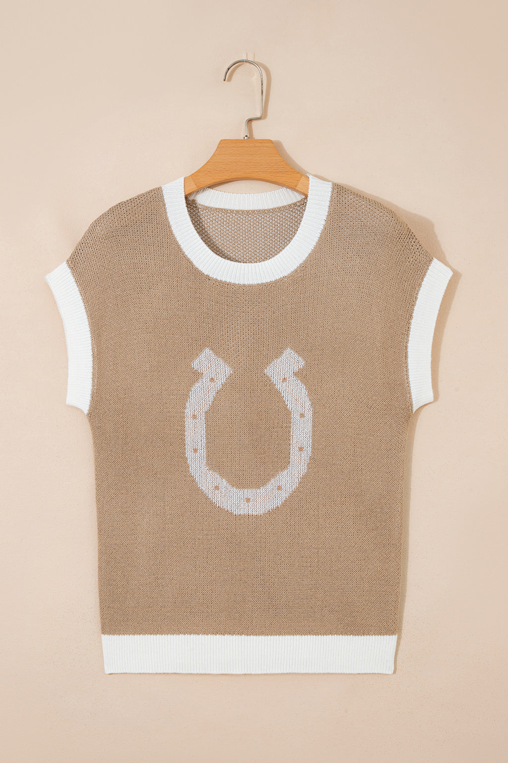 Black Horse Shoe Pattern Contrast Trim Short Sleeve Sweater
