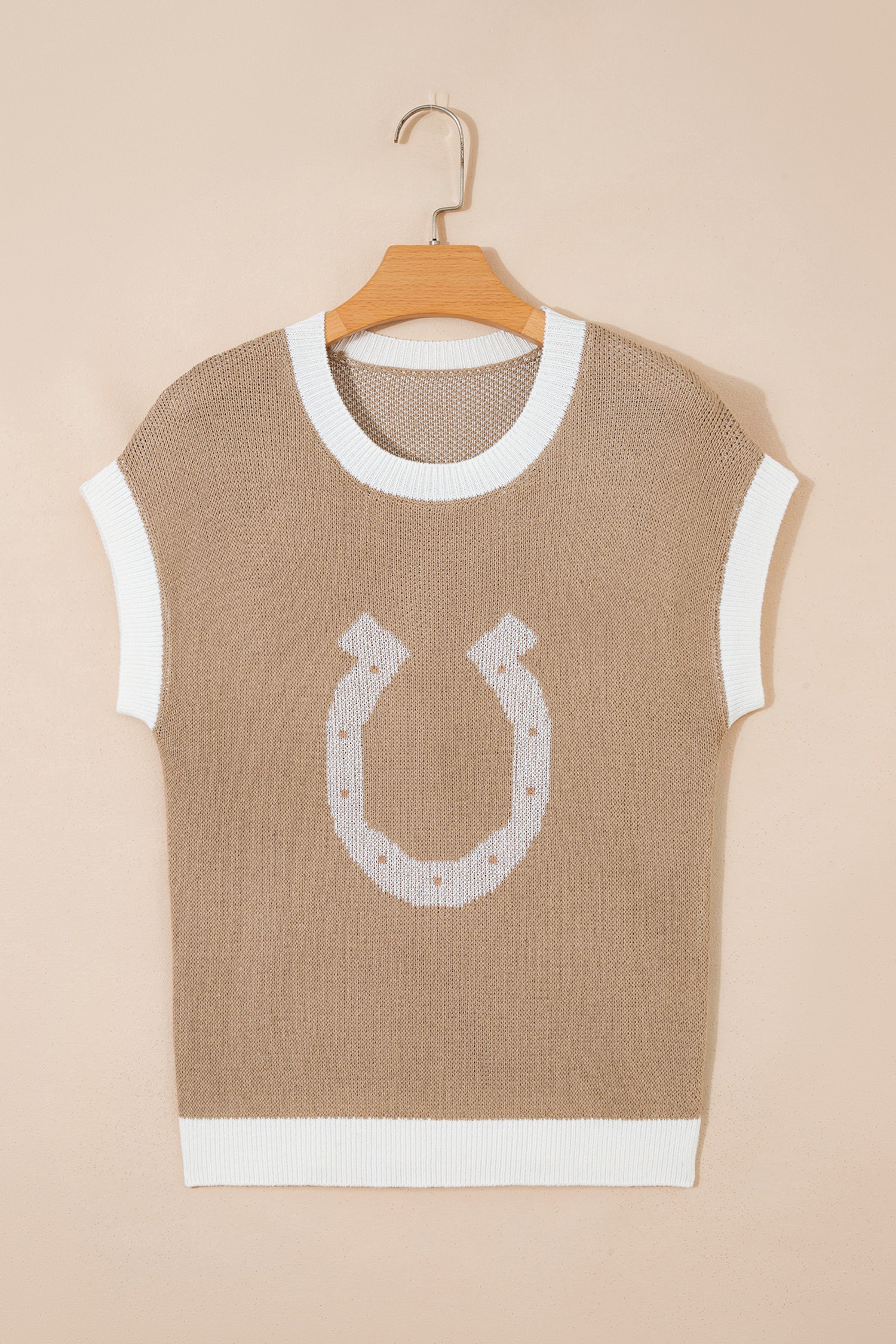 Black Horse Shoe Pattern Contrast Trim Short Sleeve Sweater